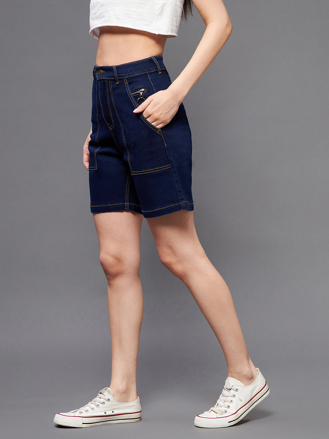 Women's Navy Blue Regular High-Rise Clean-Look Above Knee Stretchable Denim Shorts