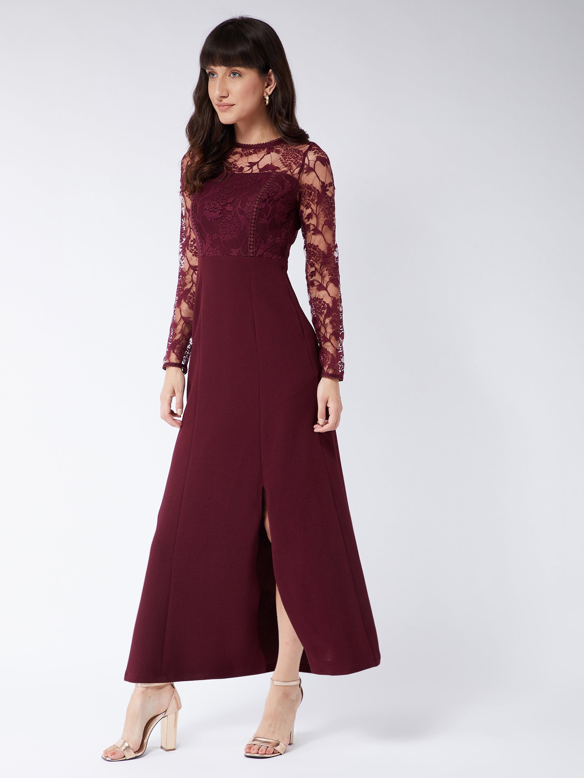 Red Floral Polyester Slim Fit Round Neck Full Sleeve Maxi Dress for Women