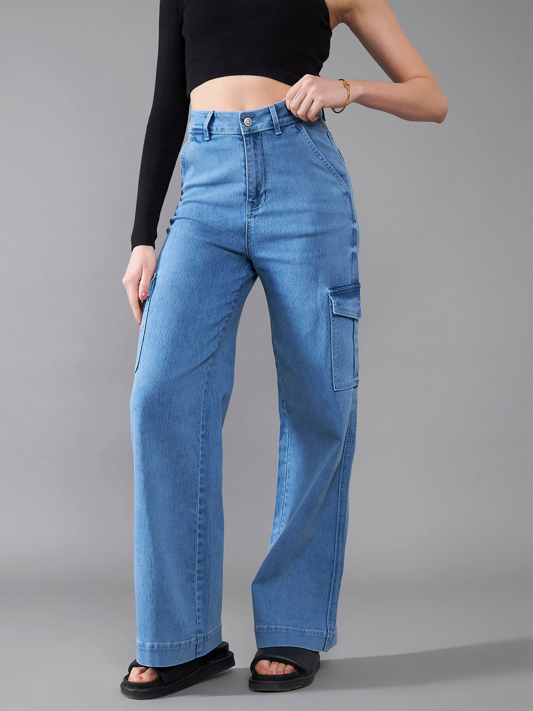 24/7 Comfort Light Blue Wide-Leg High-Rise Stretchable Cargo Denim Jeans