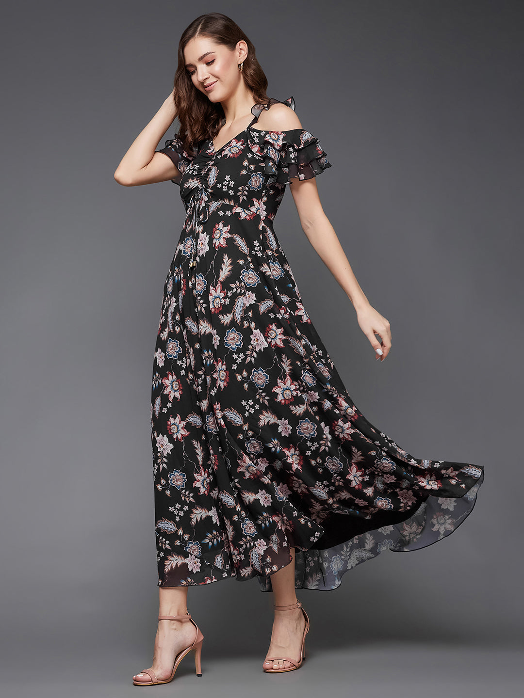 Women's Multicolored-Base-Black Sweetheart Ruffled Floral Cut-Out Maxi Dress