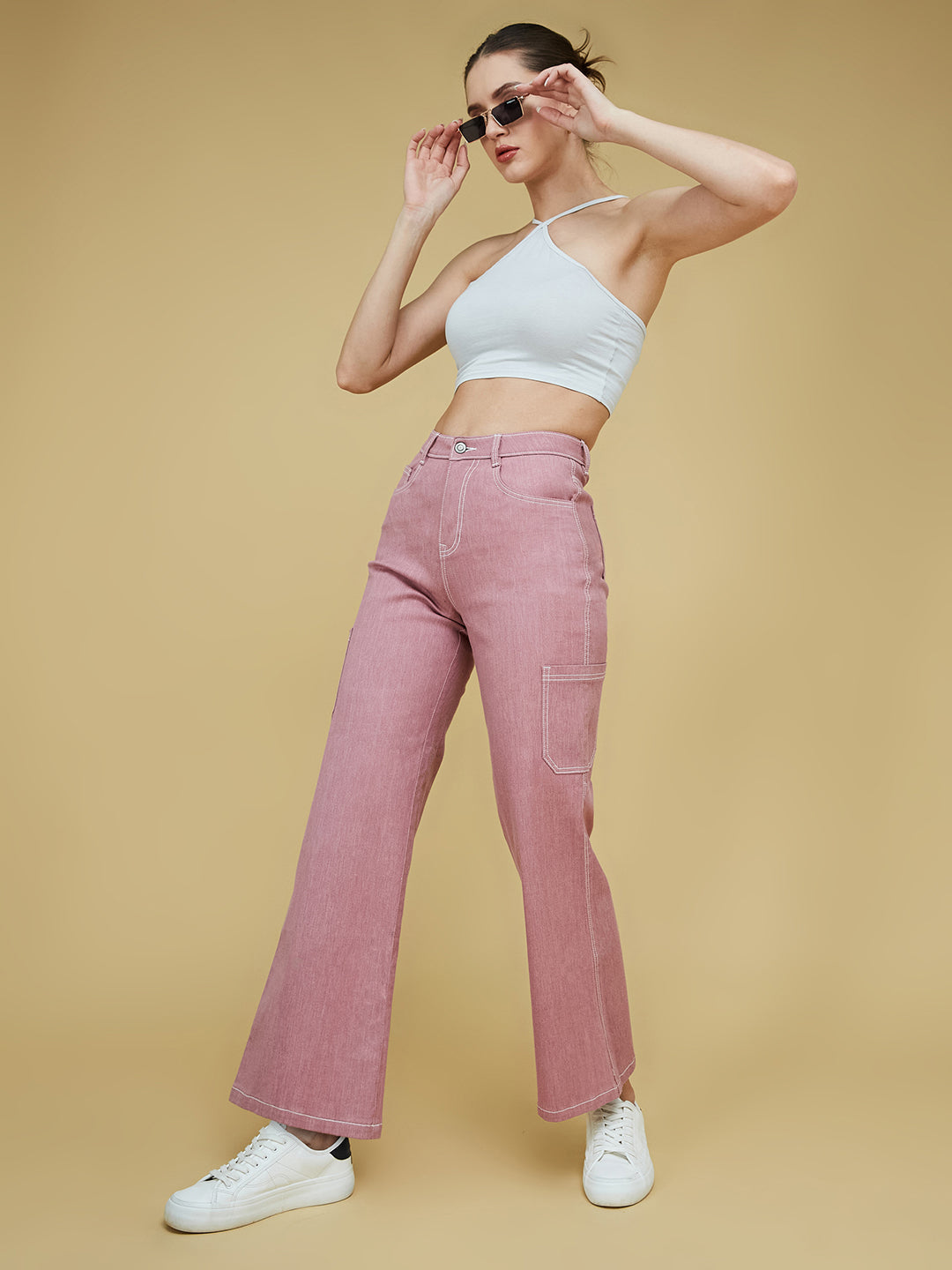 24/7 Comfort Dusty Pink Wide-Leg High-Rise Clean-Look Regular-Length Stretchable Denim Pants