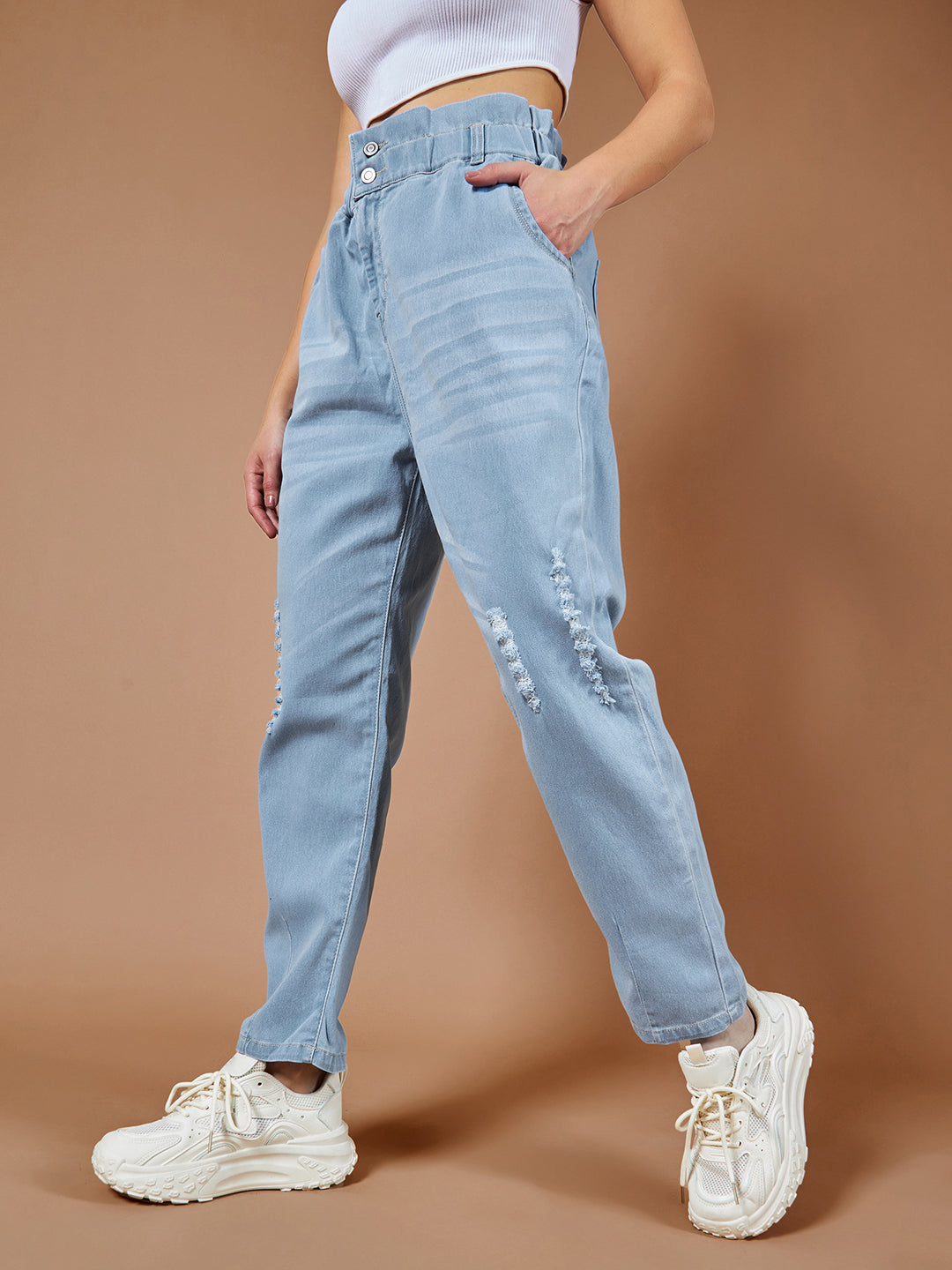 24/7 Comfort Light Blue Moms Jean High-Rise Mild Distress Stretchable Denim Jeans