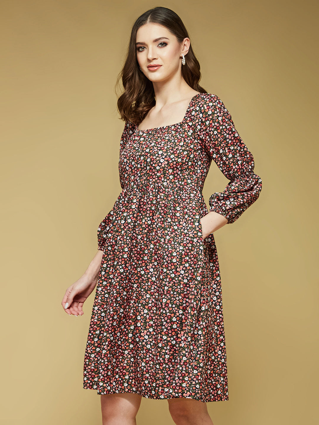 Women's Multicolored-Base-Black Square Bishop Sleeve Viscose Rayon Floral Gathered Above Knee Dress