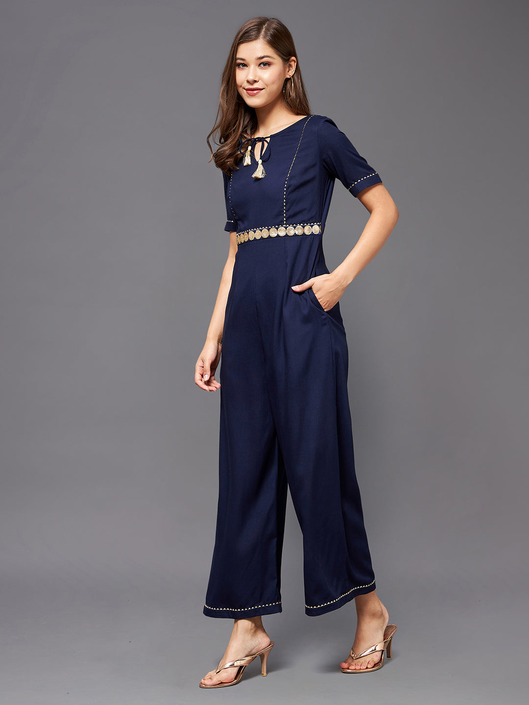 Women's Navy Blue Round Neck Half Sleeve Viscose Rayon Embellished Straight Leg Regular Jumpsuit