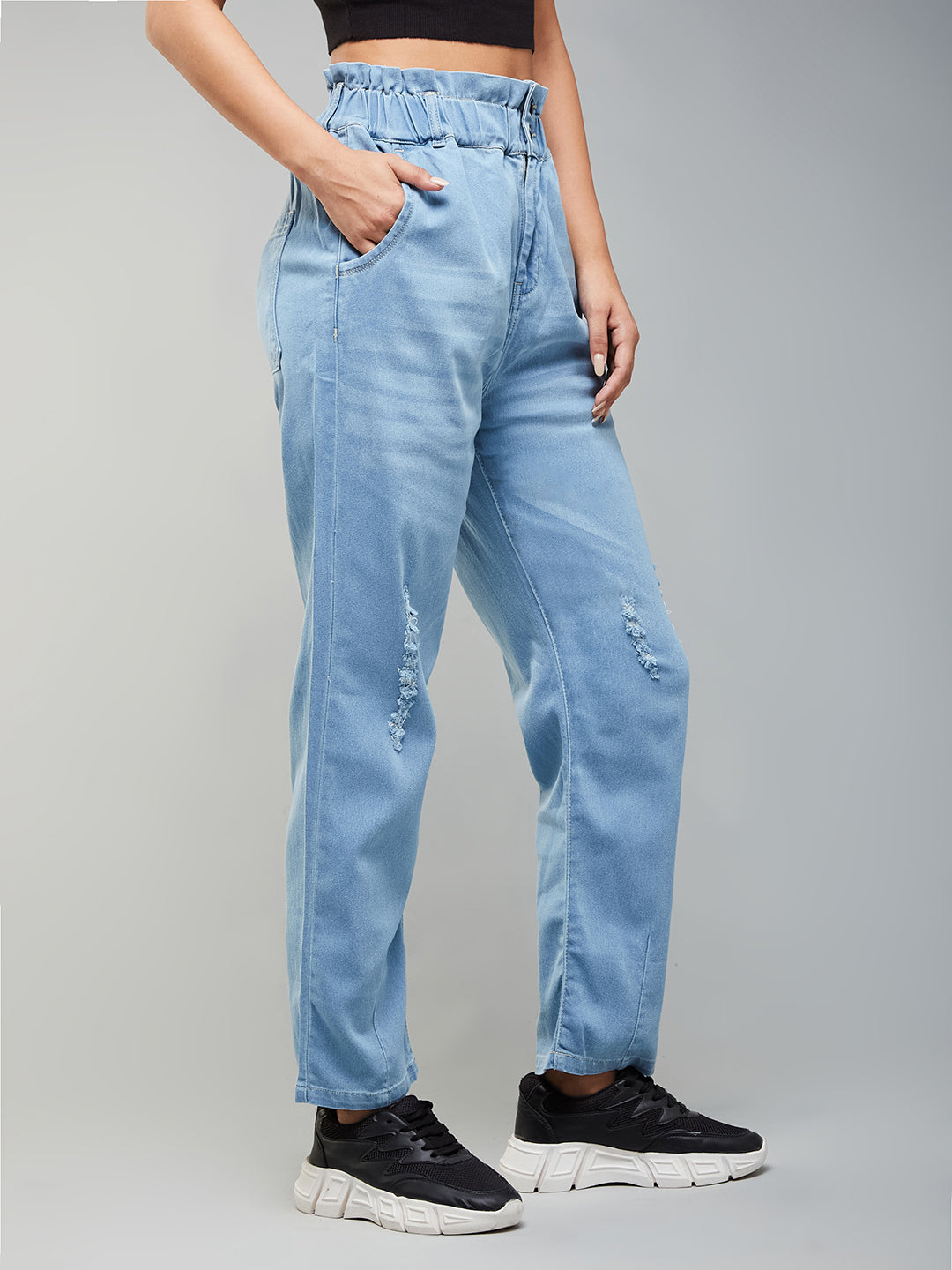 Women's Light Blue Mom's Jean High-Rise Mild Distress Stretchable Denim Jeans