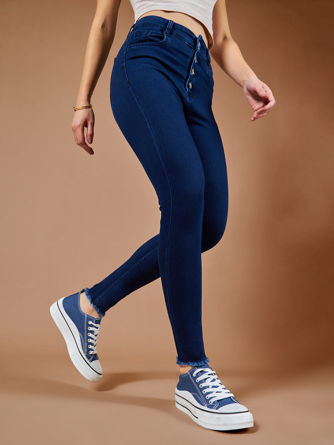 24/7 Comfort Navy-Blue Skinny High-Rise Fringed Hemline Cropped Stretchable Denim Jeans