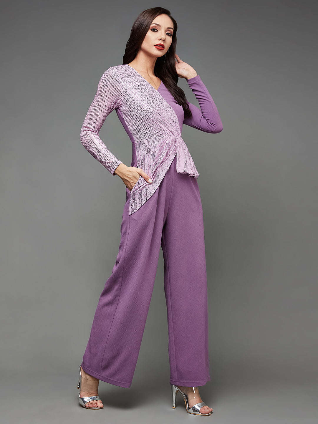 Crease Ease Women's Lavender V-Neck Full Sleeve Embellished Asymmetric Party Jumpsuit