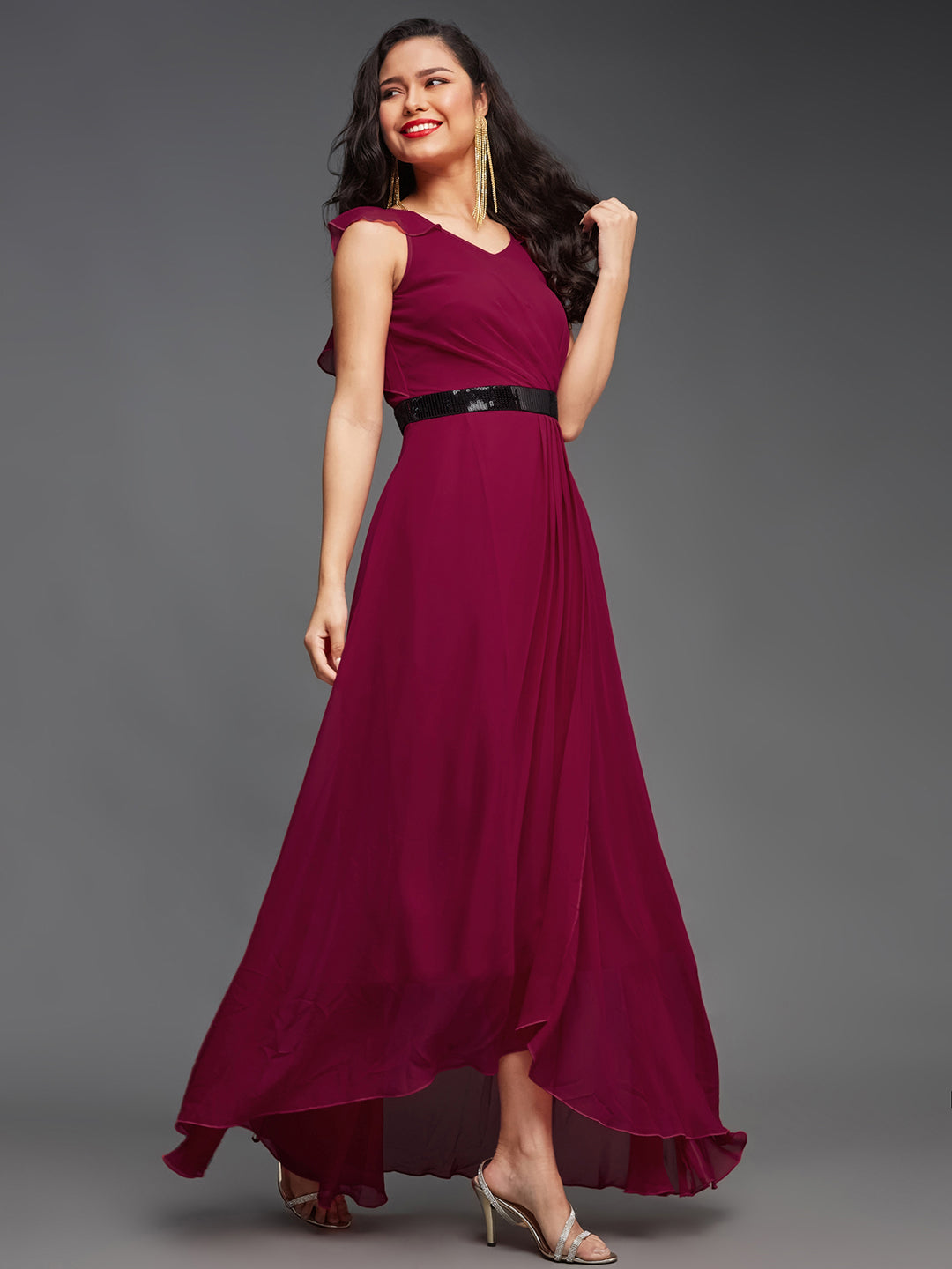 Dark Pink Solid Fit and Flare Maxi Dress Long Dress Frock with Black Sequinned Belt