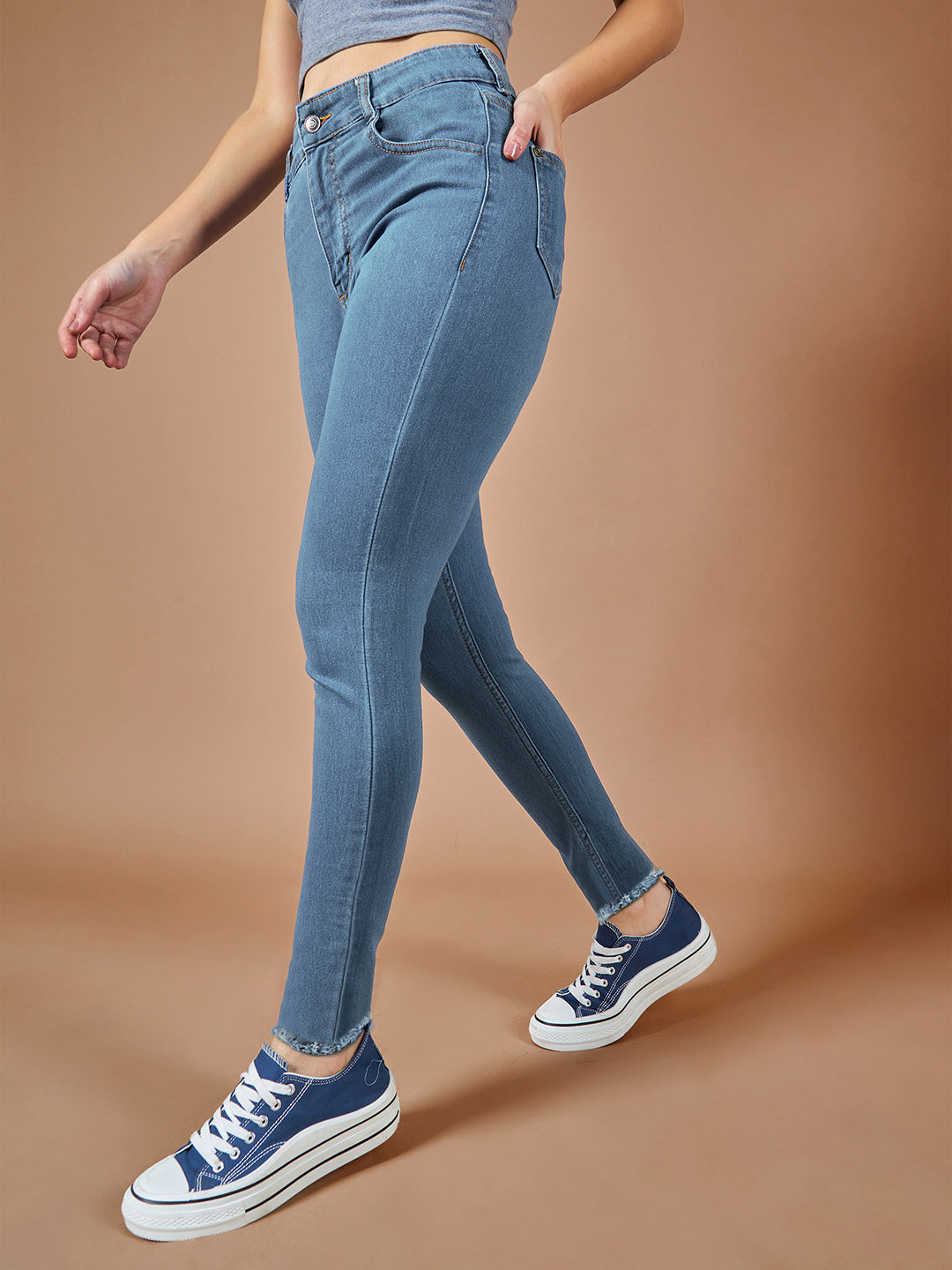 24/7 Comfort Light-Blue Skinny-Fit High-Rise Cropped-Length Fringe Detailing Stretchable Denim Jeans for Women