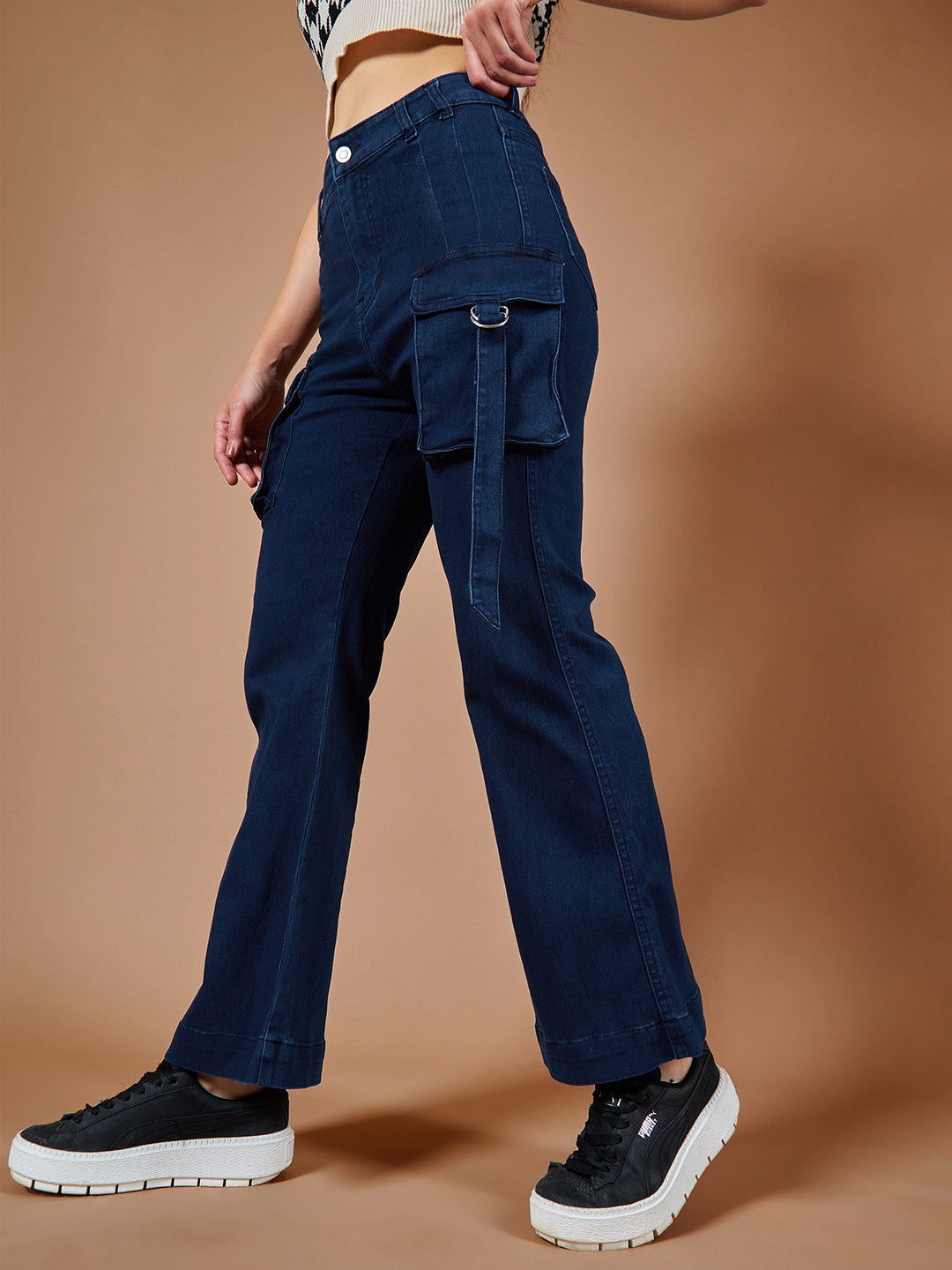 24/7 Comfort Navy-Blue Bell-Bottom Bootcut Hourglass High-Rise Stretchable Denim Jeans