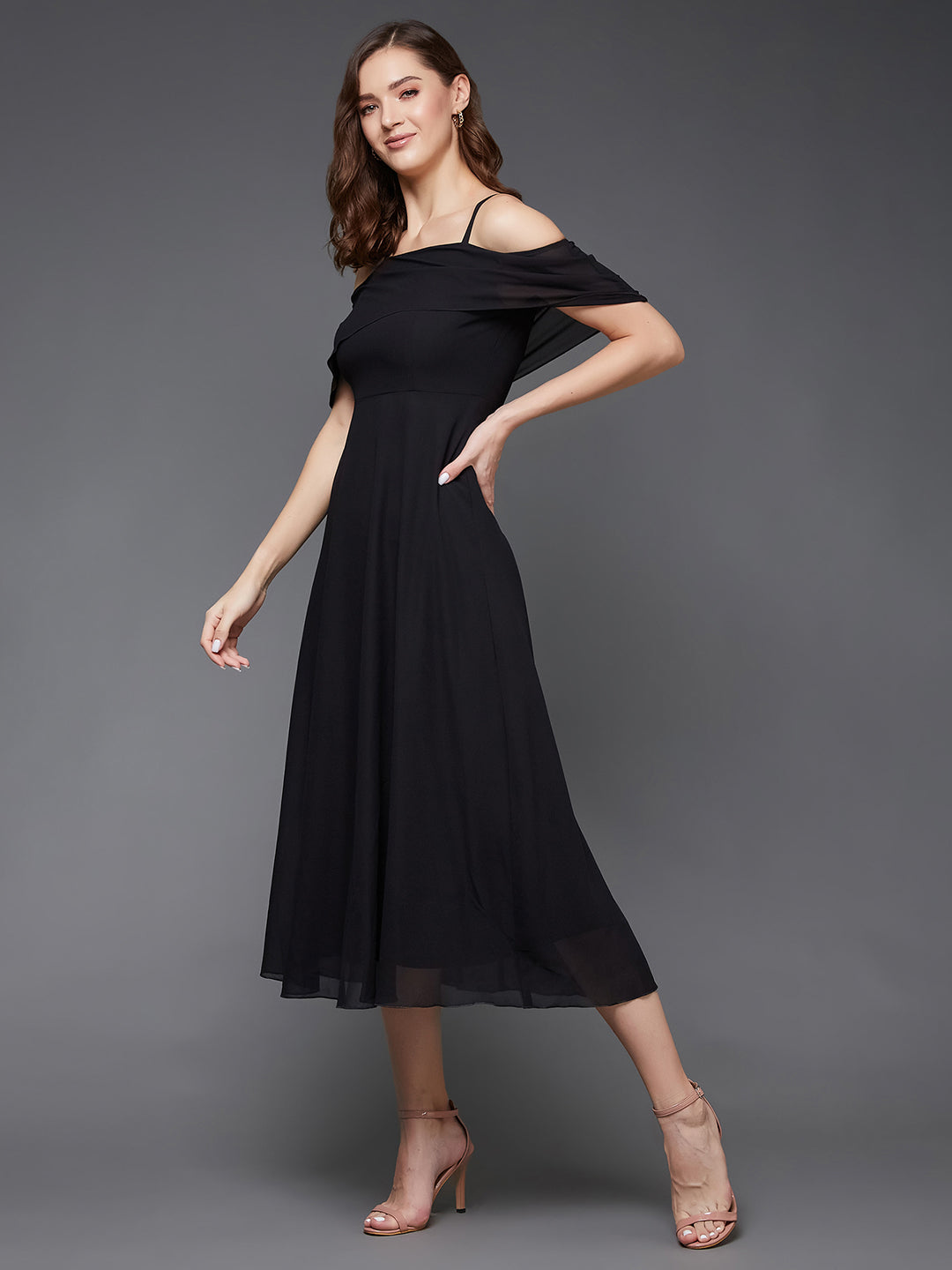 Black Bardot Style Sleeveless Spaghetti Strap Solid Off Shoulder Midi Skater Dress for Women — Miss Chase