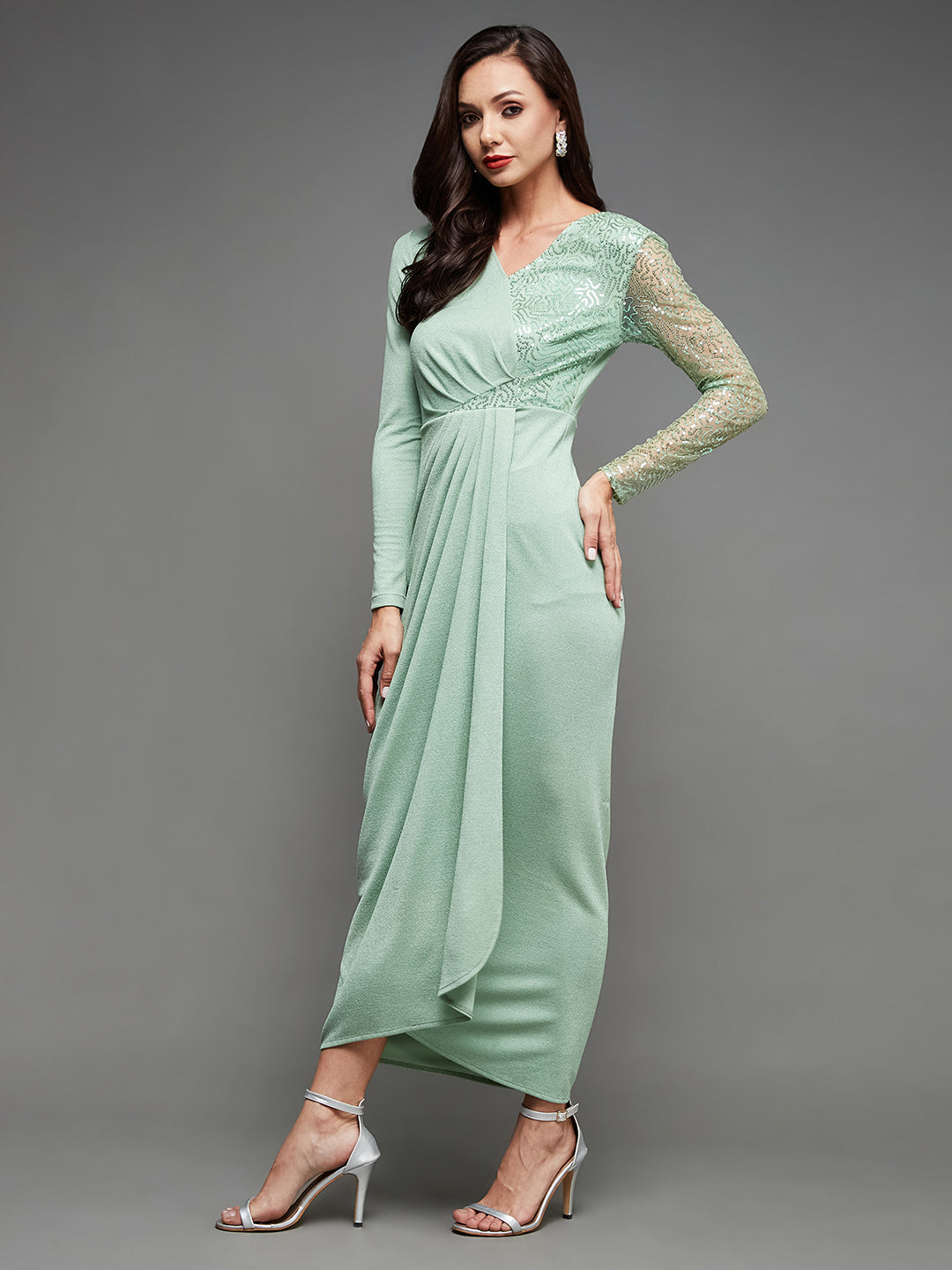 Women's Mint Embellished V-Neck Full Sleeve Polyester Pleated Slim Fit Longline Dress