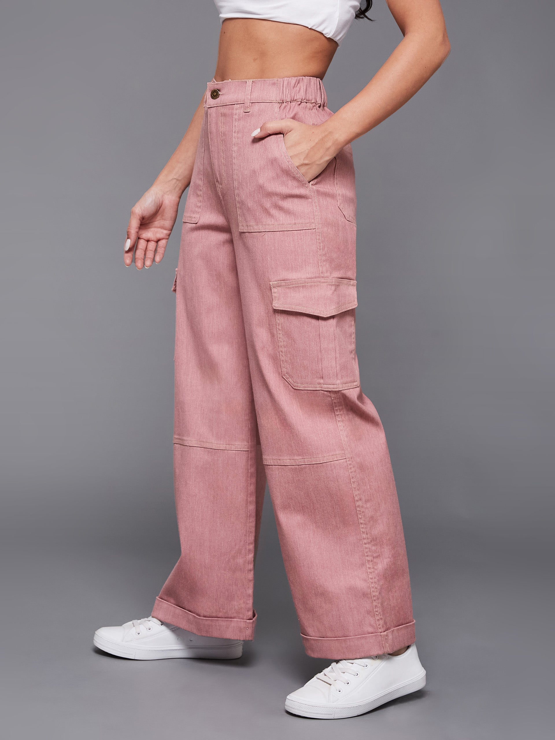 Women's Rose Pink Wide-Leg High-Rise Clean-Look Regular-Length Stretchable Denim Pants