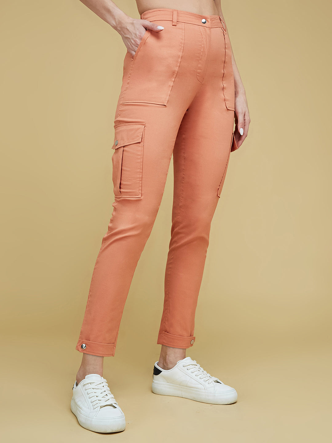 Women's Dusty Orange Solid Polyester High-Waist Regular Length Trousers