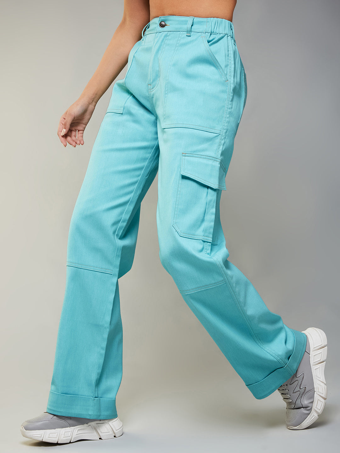 Women's Turquoise Wide-Leg High-Rise Regular-Length Stretchable Denim Cargo Pants