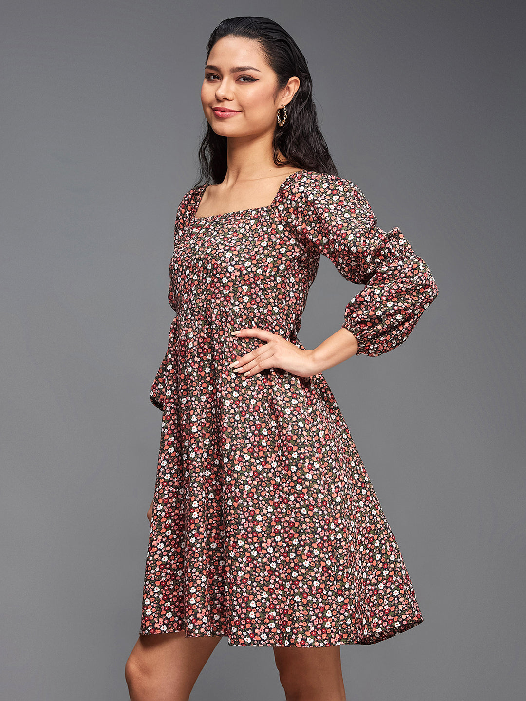 Women's Multicolored-Base-Black Square Bishop Sleeve Viscose Rayon Floral Gathered Above Knee Dress