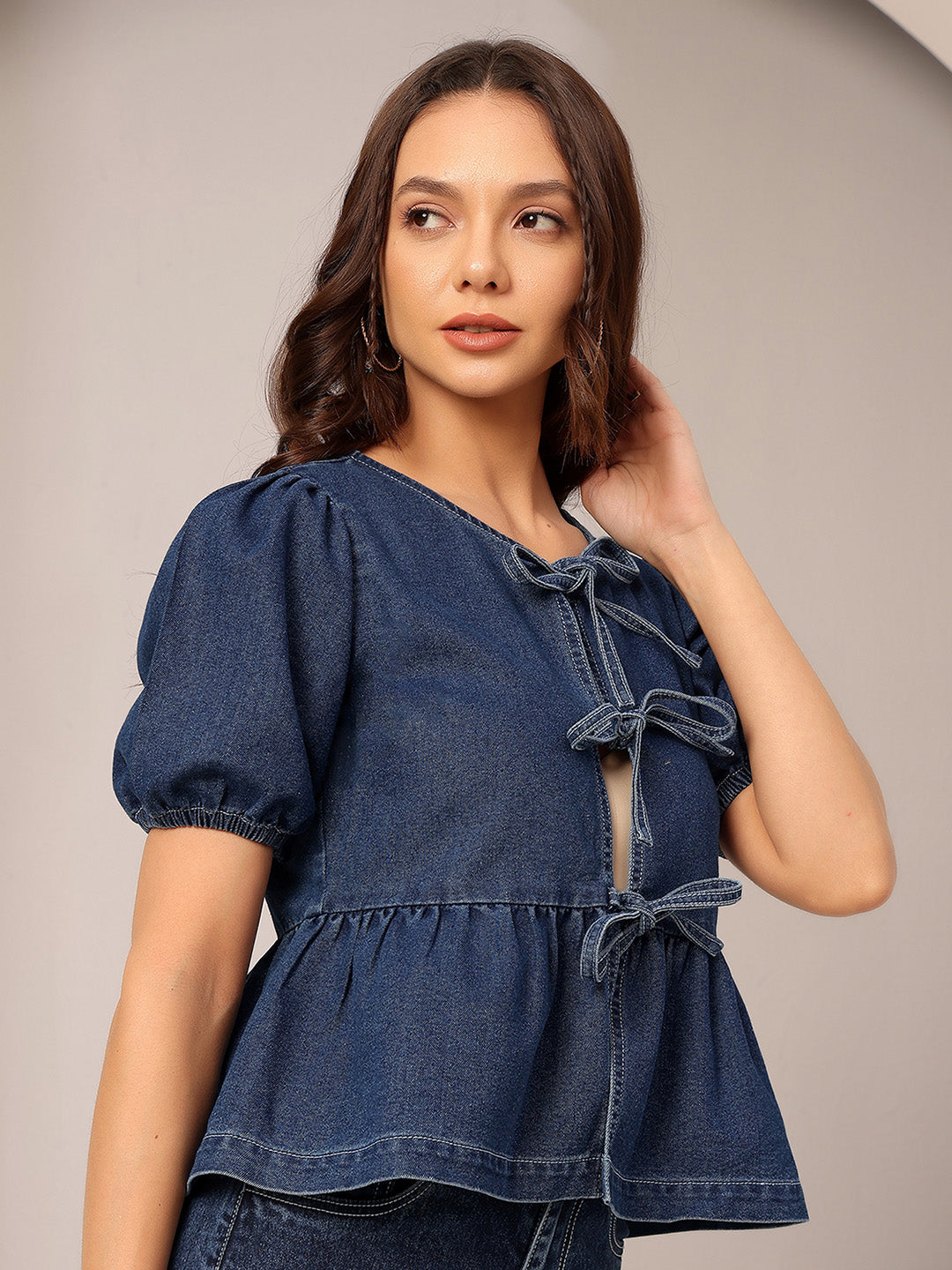 Women's Dark Blue Round Neck Puff Sleeve Solid Denim Peplum Top