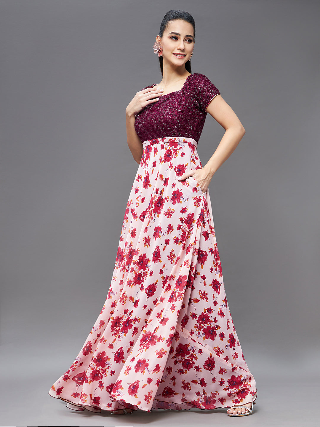 Women's Maroon & Off-White Colored Square Neck Short Puff Sleeve Floral Patterned Fit & Flare Georgette Maxi Dress
