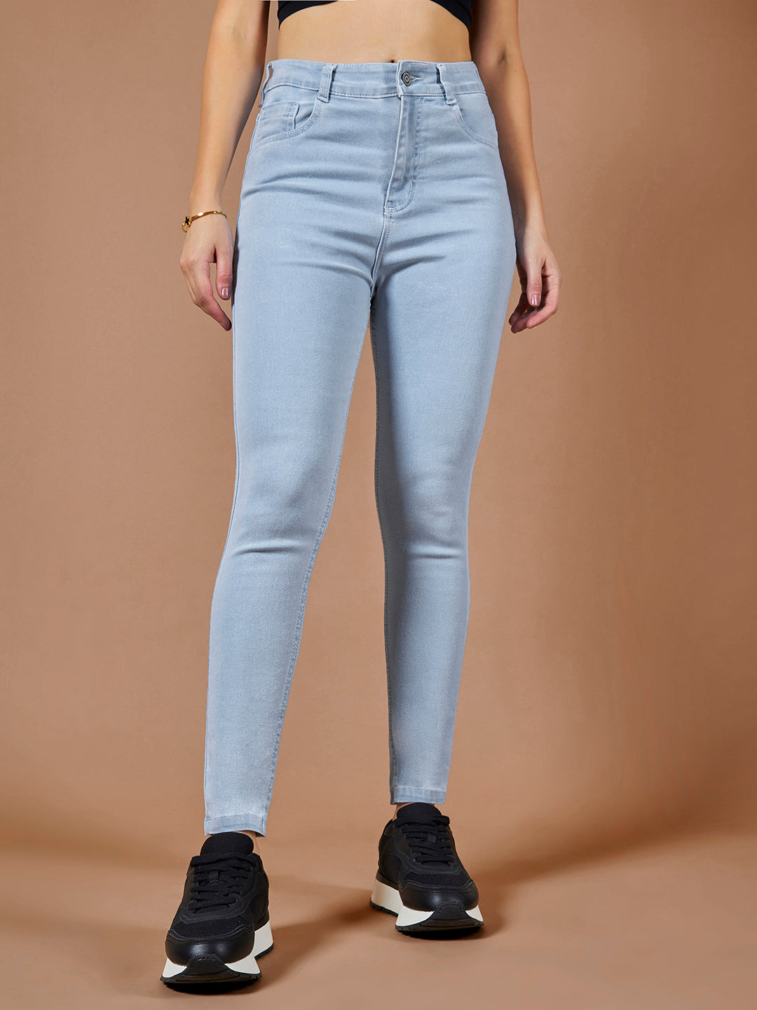 24/7 Comfort Light Blue Skinny Fringed Hemline Detailing High-Rise Cropped Stretchable Denim Jeans
