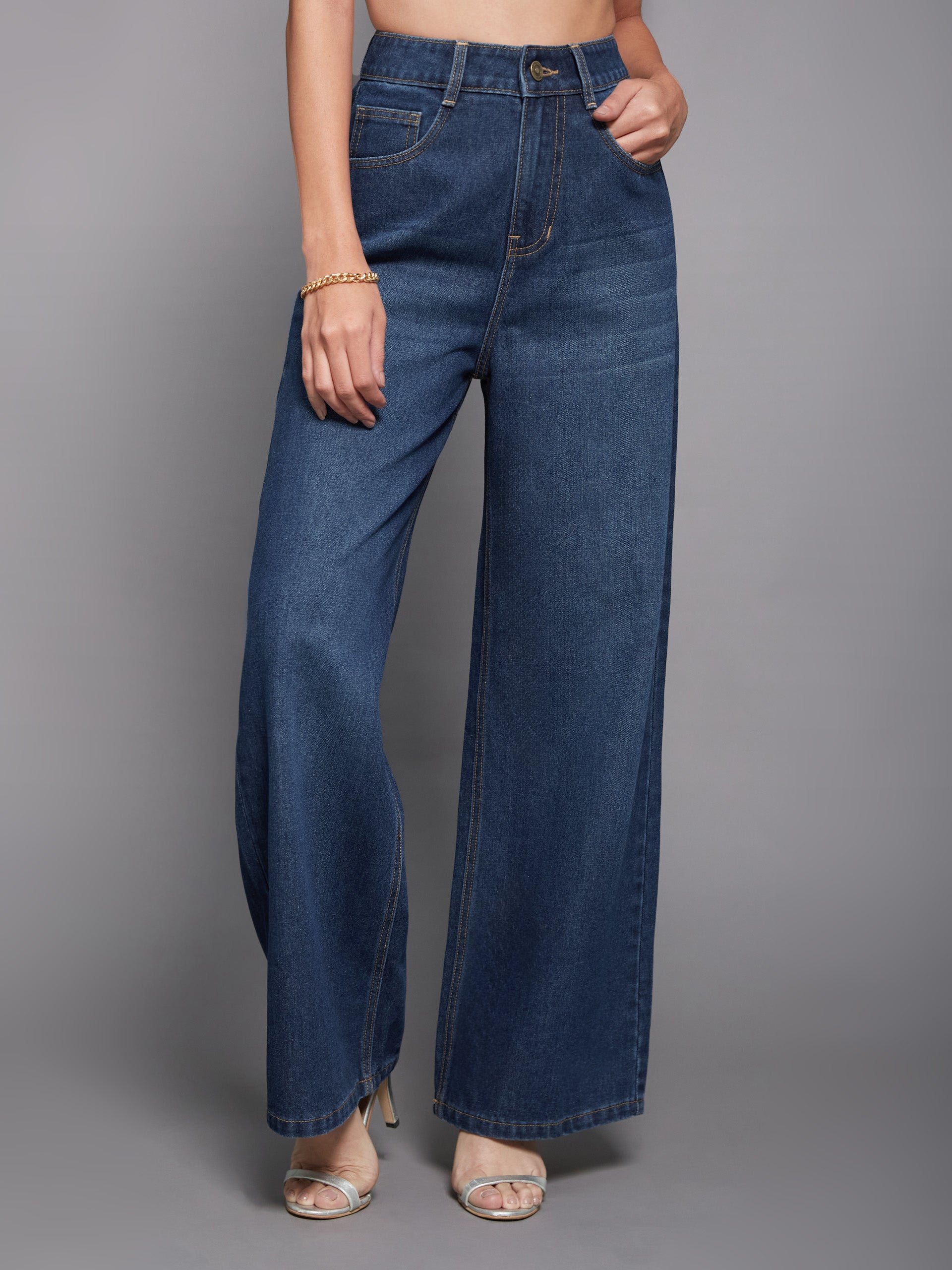 Women's Navy-Blue Wide-Leg High-Rise Clean-Look Regular-Length Denim Jeans