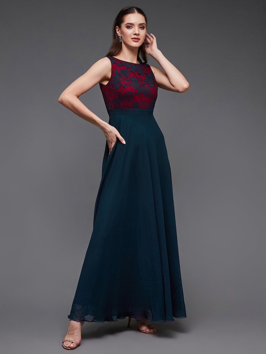 Teal Sleeveless Fit and Flare Lace Dress for Women