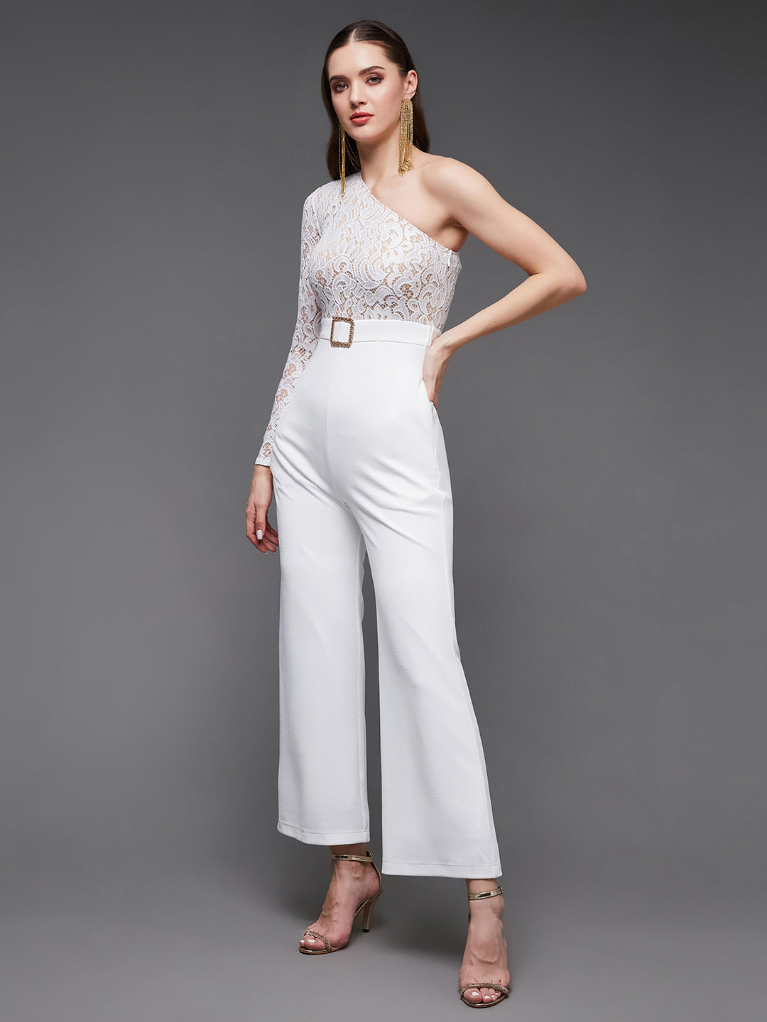 Women's Off White Self Design One-Shoulder Polyester Lace-Overlaid Slim Fit Regular Jumpsuits