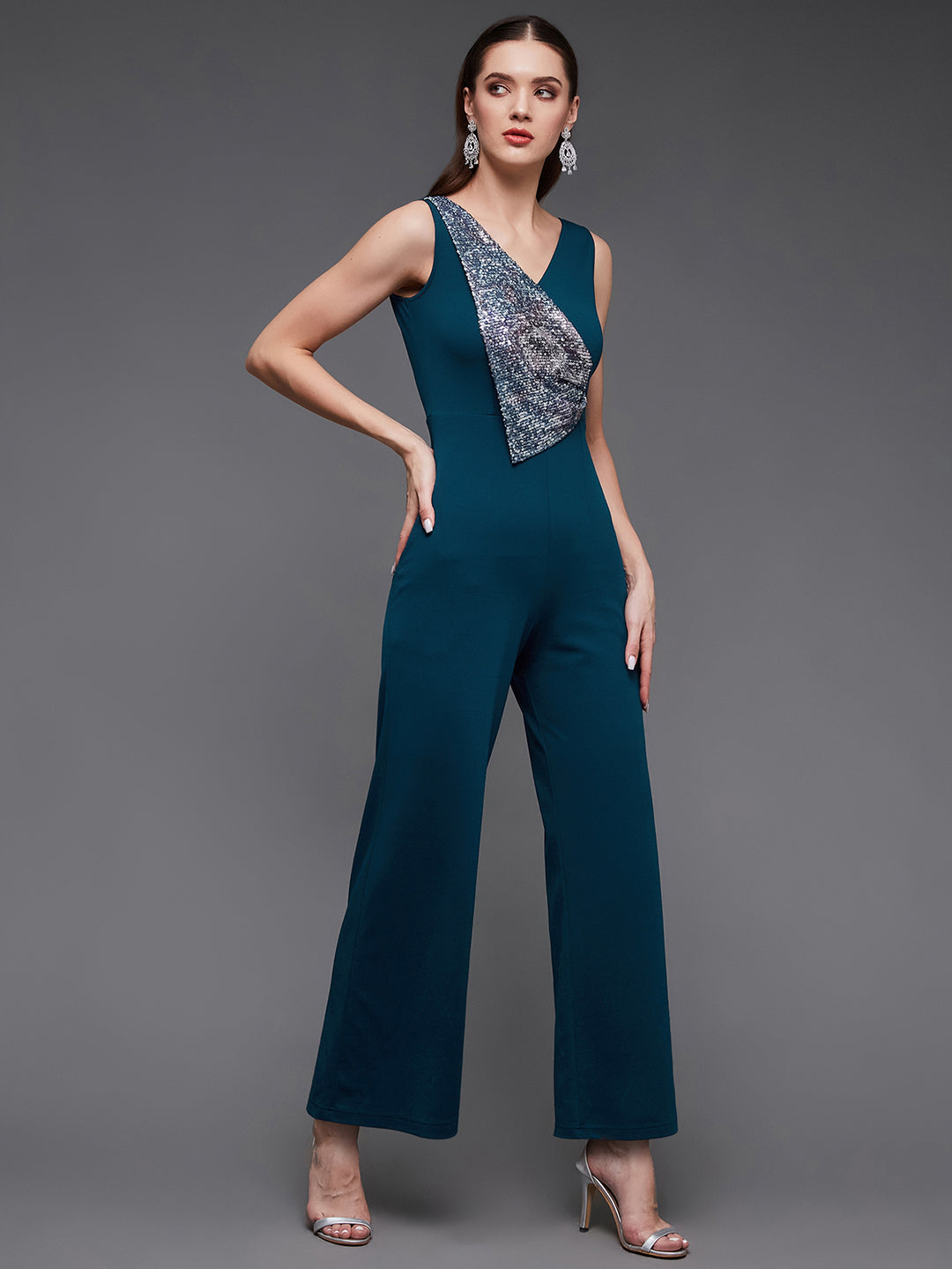 Teal V-Neck Sleeveless Embellished Straight-Leg Regular-Length Polyester Jumpsuit for Women