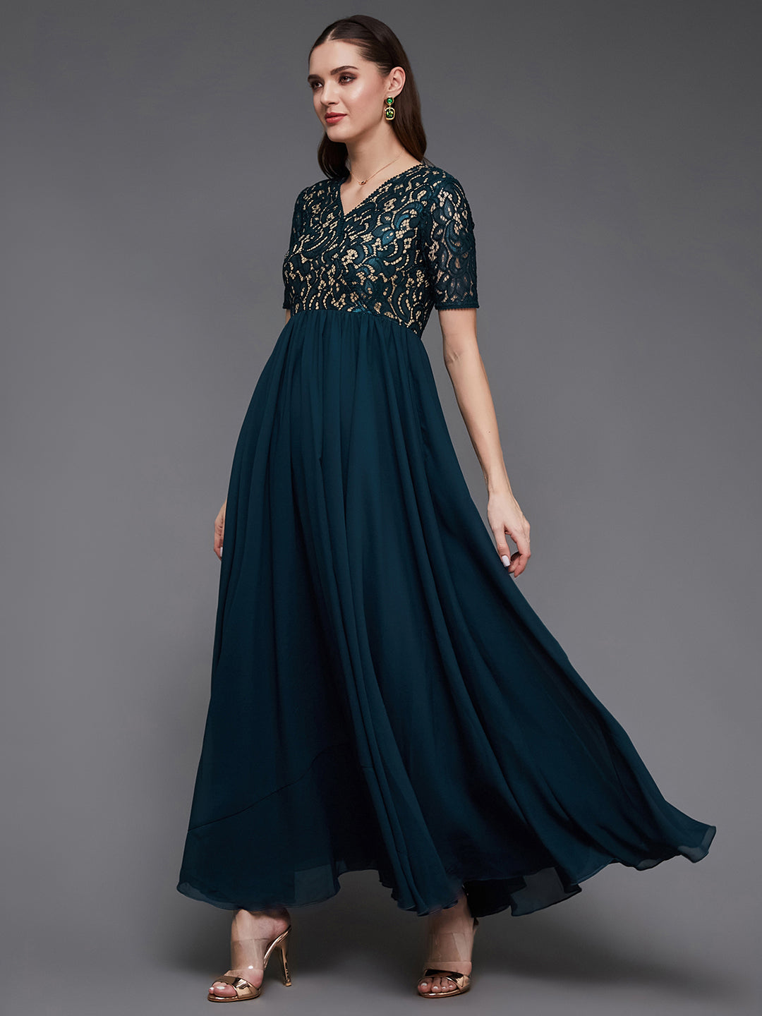 Teal V-Neck Half Sleeve Self Designed Wrap Georgette Maxi Dress for Women — Miss Chase