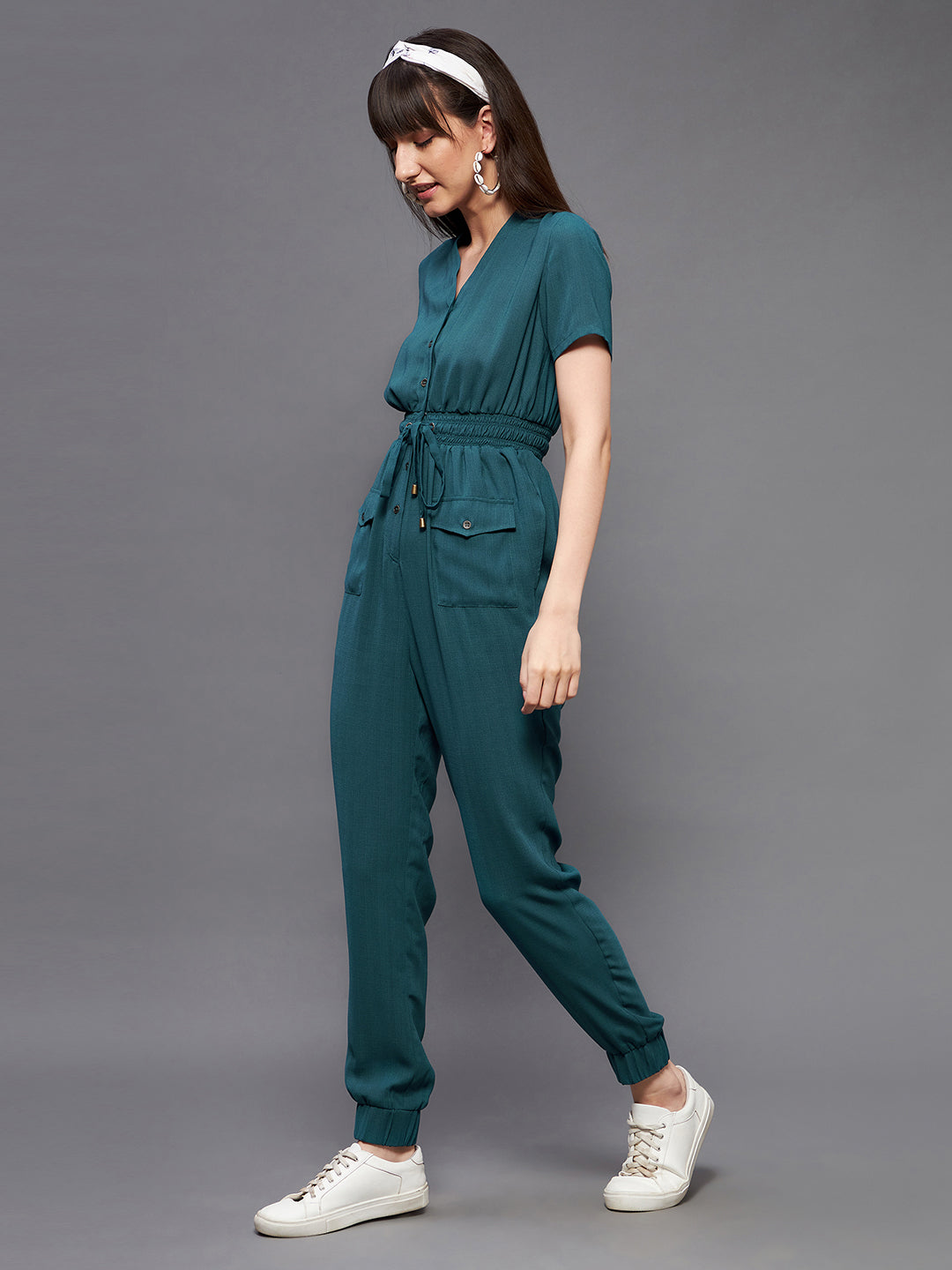 Women's Dusty Turquoise V-Neck Short Sleeve Solid Straight Leg Polyester Regular Jumpsuit