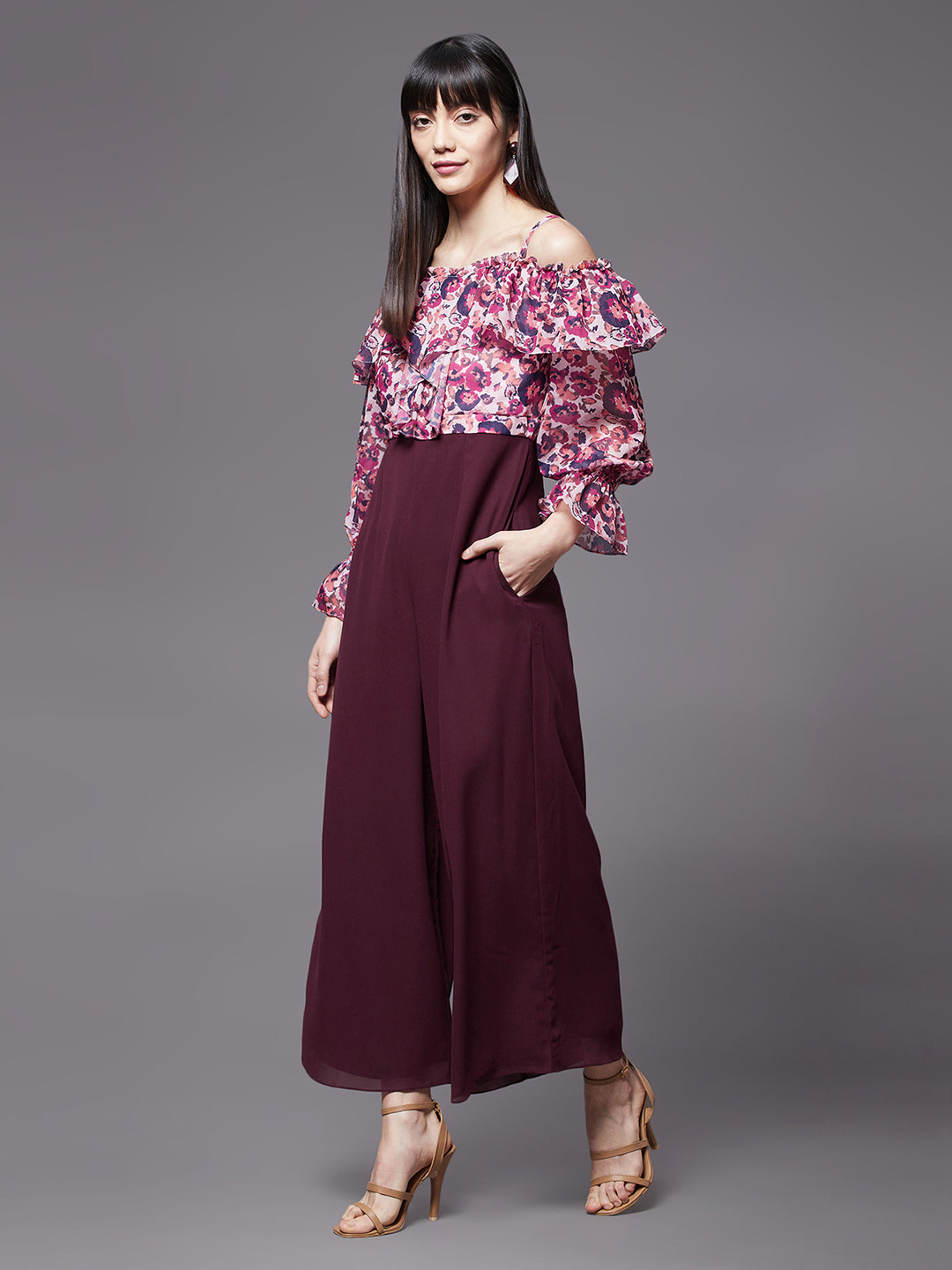 Women's Multicolored-Base-Wine Off-Shoulder Ruffled Sleeve Floral Print Frilled Regular Jumpsuit