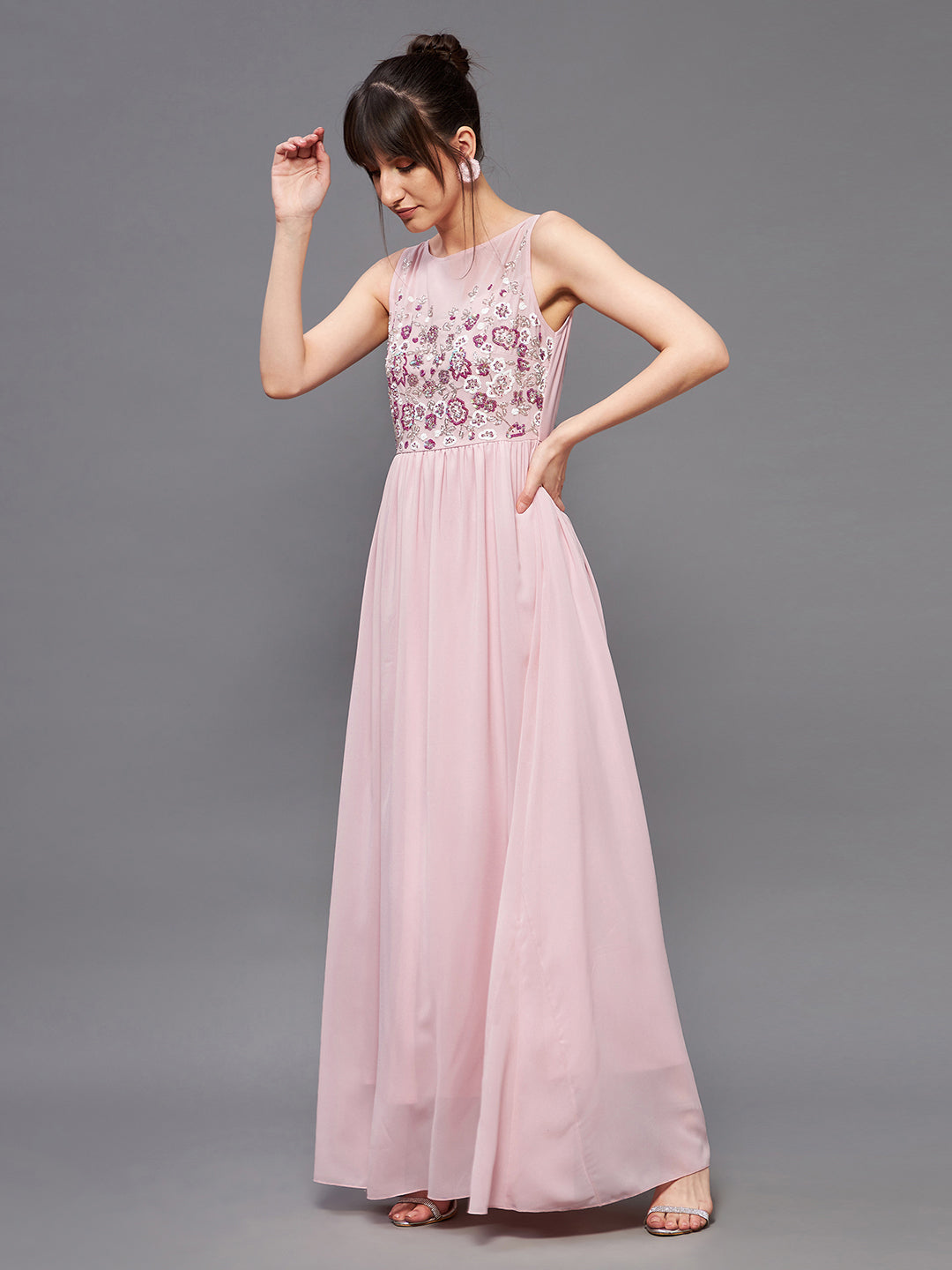 Light Pink Sleeveless Fit and Flare Sequinned Maxi Dress Long Dress Frock for Women