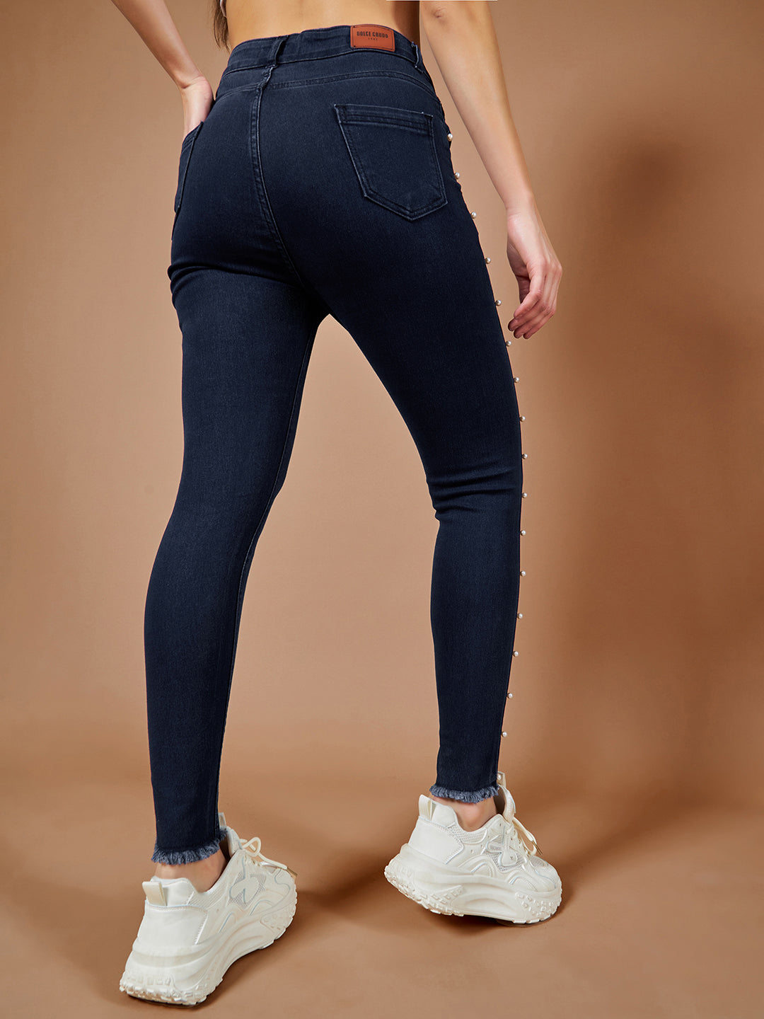 Women's Navy-Blue Cotton Skinny-Fit Cropped High-Rise Stretchable Denim Jeans