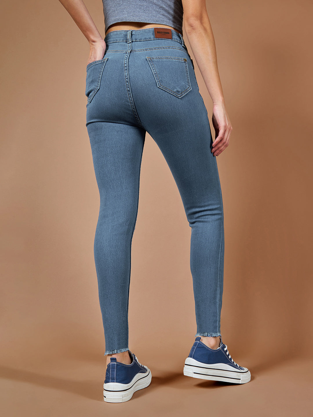24/7 Comfort Light-Blue Skinny-Fit High-Rise Cropped-Length Fringe Detailing Stretchable Denim Jeans for Women