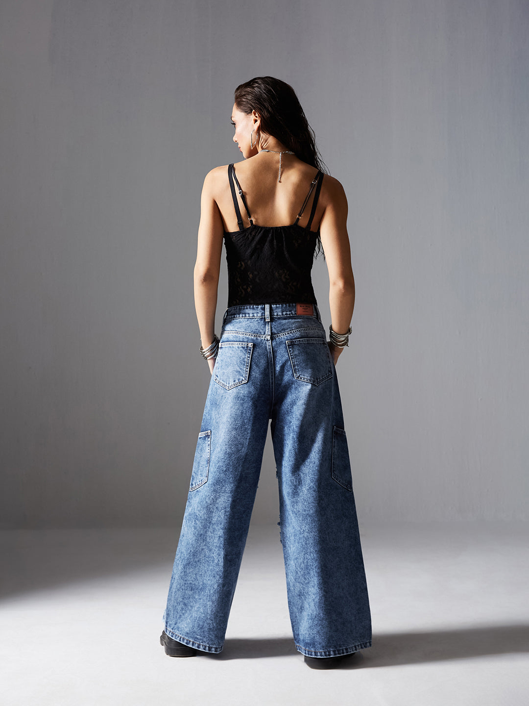 Women's Navy-Blue Wide-Leg High-Rise Highly-Distressed Regular-Length Denim Jeans