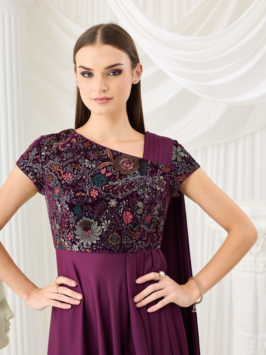 Purple Asymmetric Draped Gown in Embroidered Luxe Satin for Women