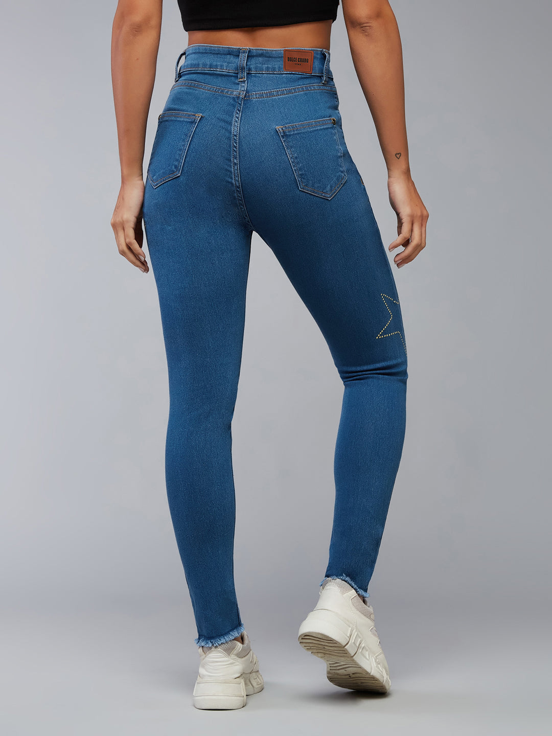 CHASEstretch™ Blue Skinny High-Rise Cropped-Length Embellished Fringe Detailing Stretchable Denim Jeans