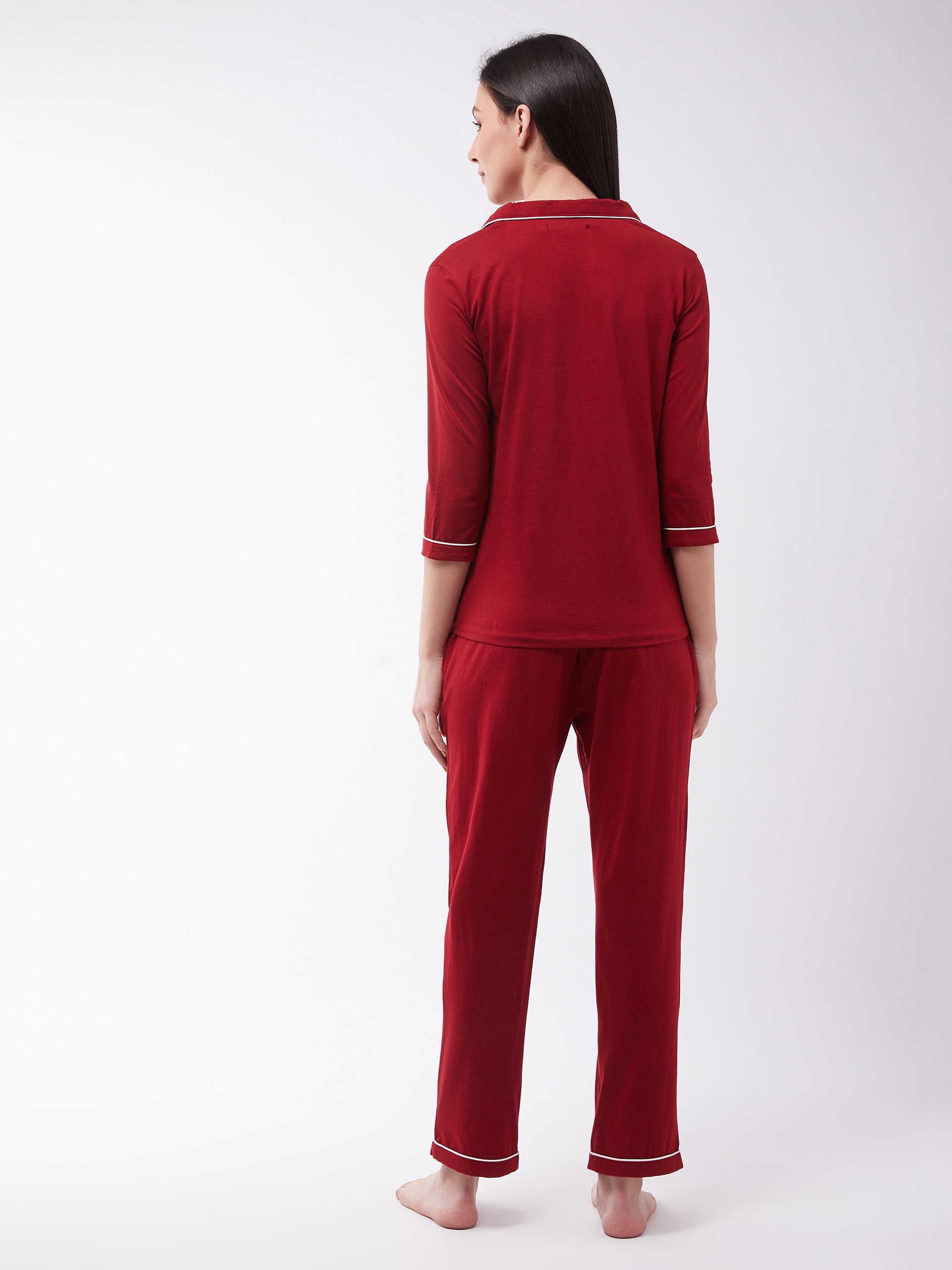 Women's Maroon Collared 3/4th Sleeves Printed Regular length Night Suit Set