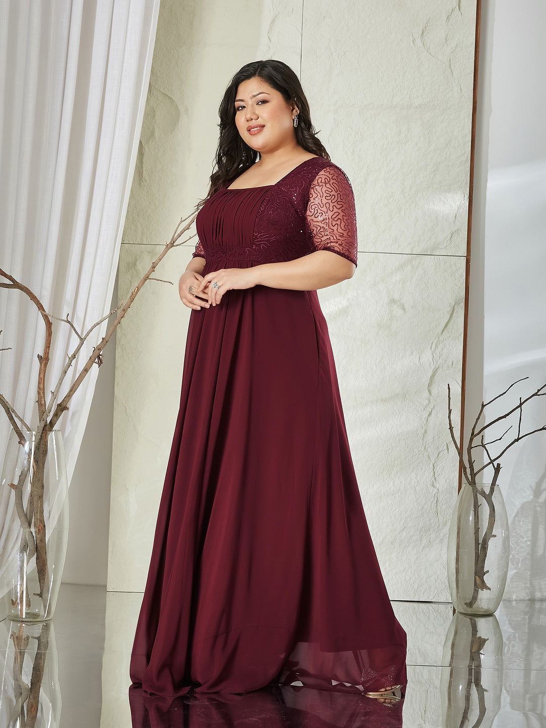 Wine Square Neck Half Sleeve Solid Embellished Maxi Dress for Women