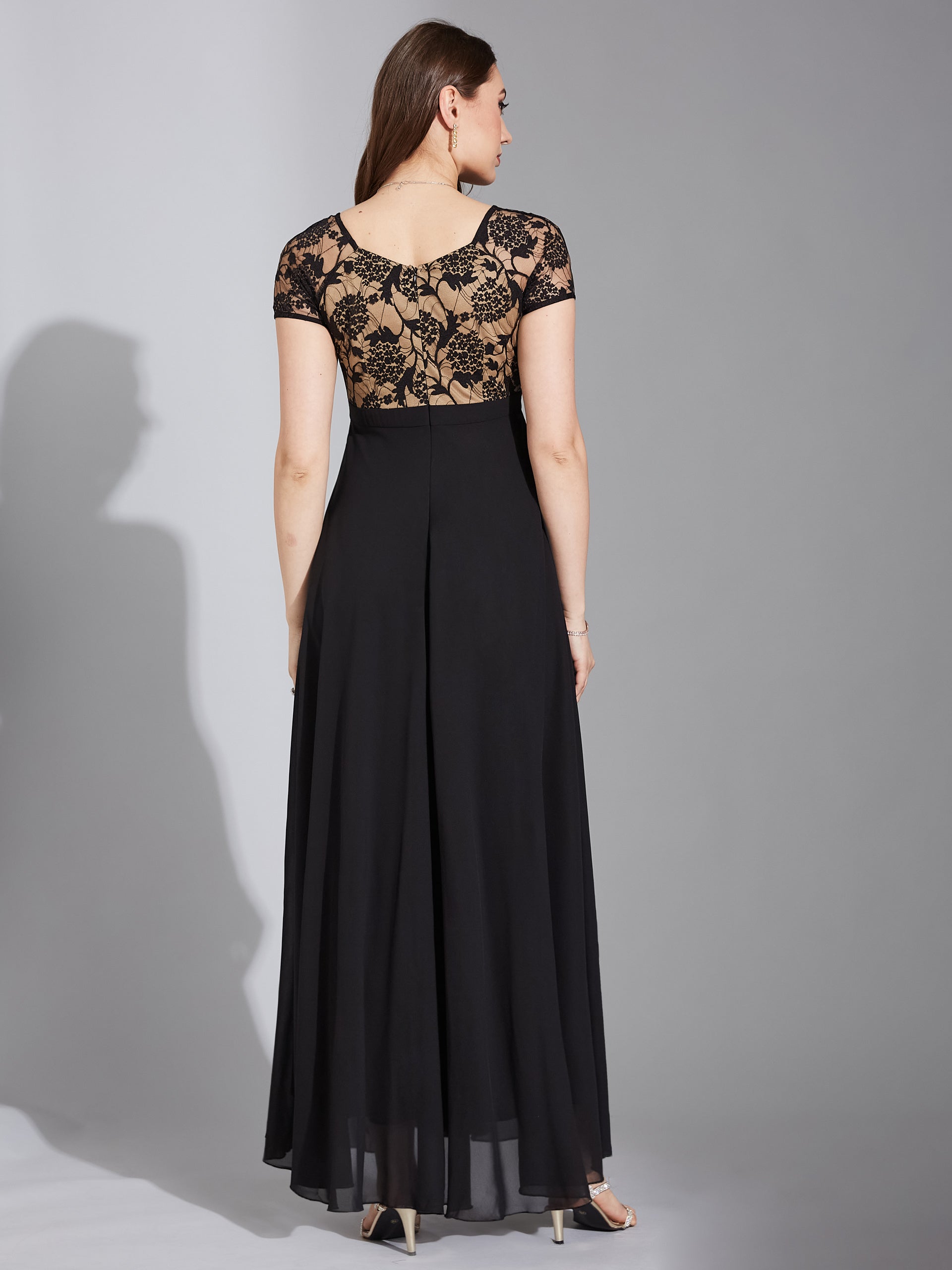 Black Short Sleeves Lace Fit and Flare Maxi Dress Long Dress Frock for Women