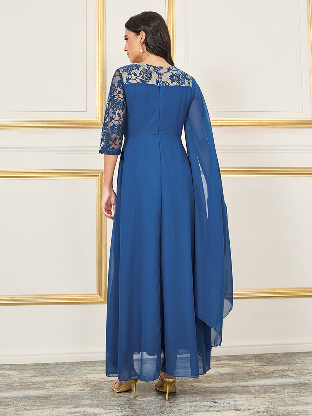 Women's Royal Blue V-Neck Asymmetric Embellished Maxi Georgette Dress