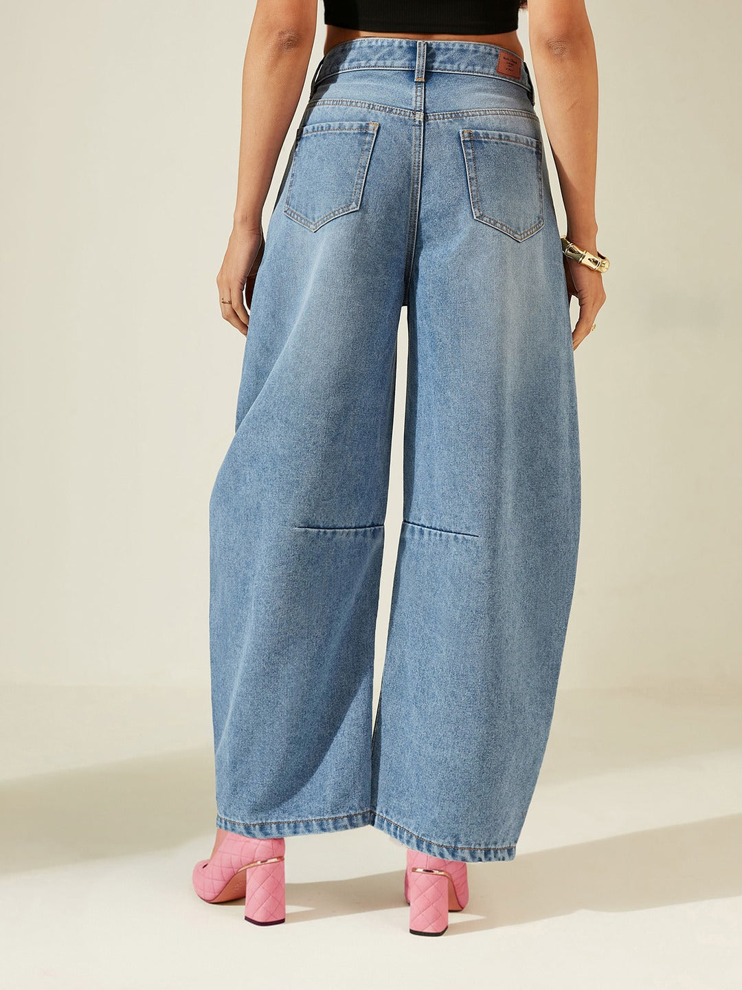 Mid Blue High Rise Barrel Fit Denim Jeans with Whiskering & Knee Dart Detailing for Women