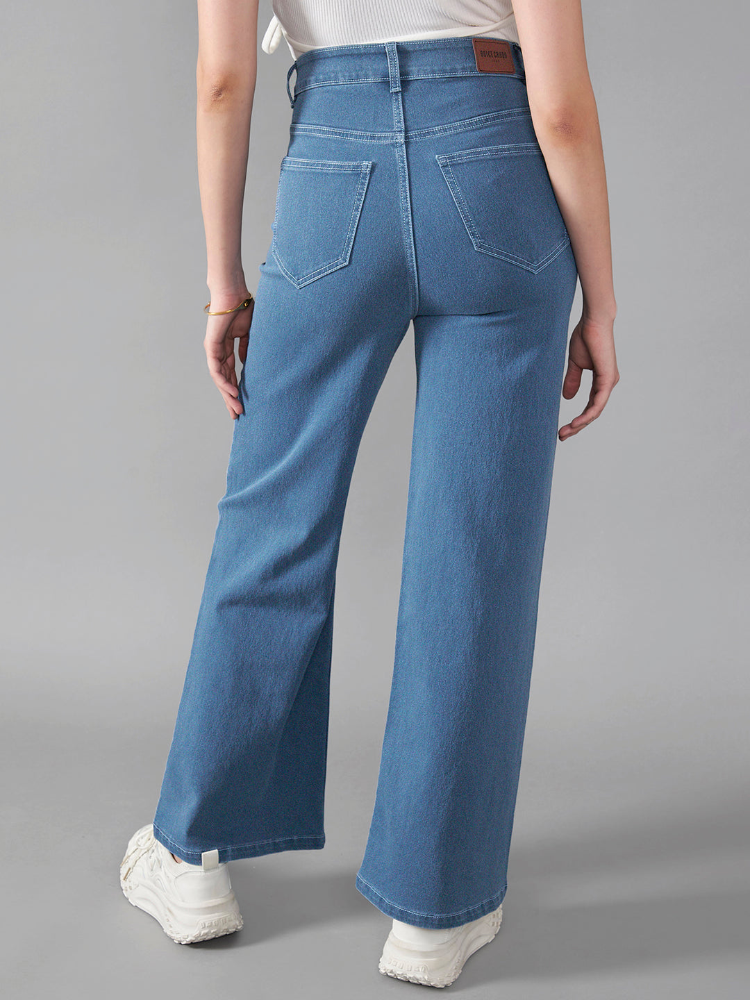 24/7 Comfort Blue Wide-Leg High-Rise Midly-Distressed Stretchable Denim Jeans
