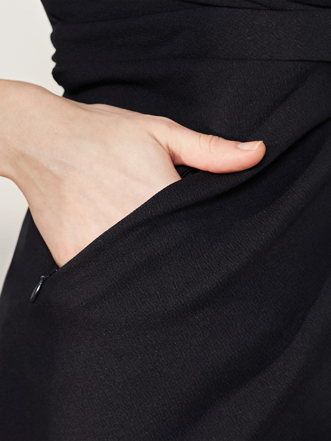 Black Solid V Neck Bishop Sleeves Front Pocketed Polyester Wrap Knee-Length Dress for Women