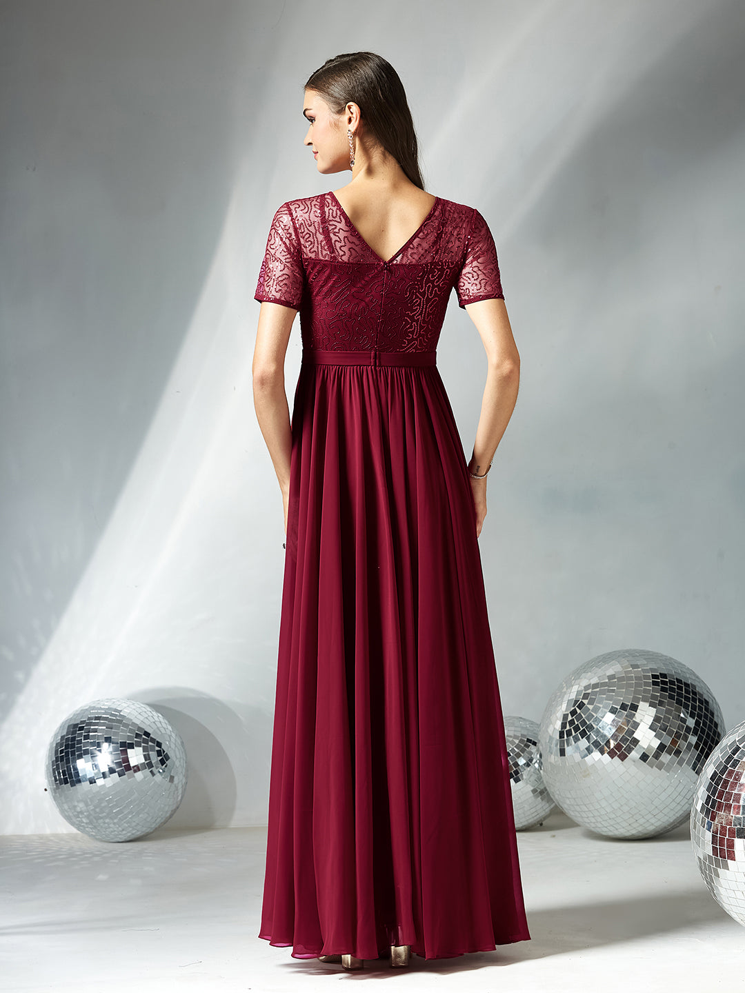 Maroon Relaxed Fit Maxi Georgette & Sequins Dress for Women