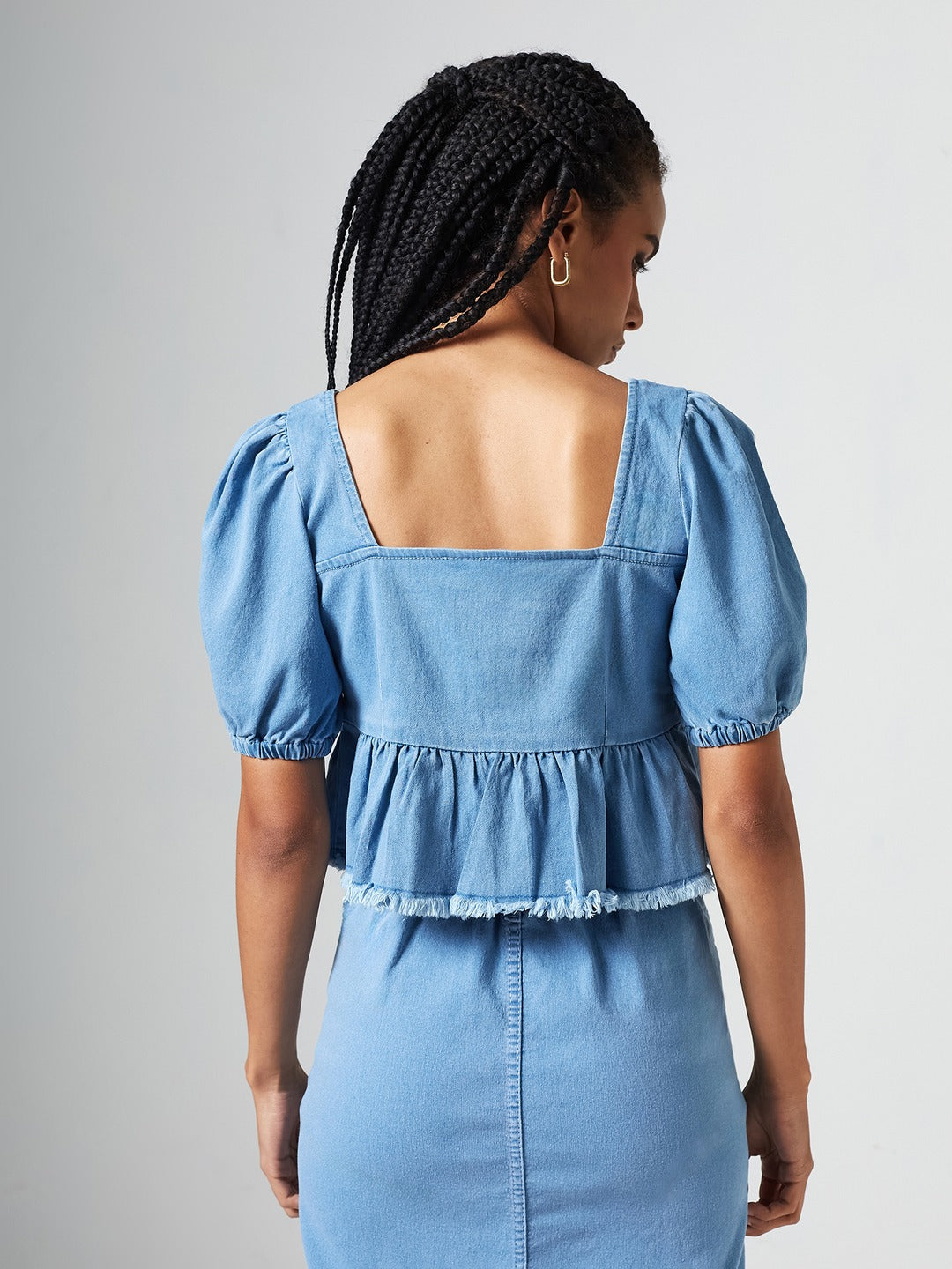 Light Blue Square-Neck Puff-Sleeve Peplum-Styled Denim Cropped Top for Women