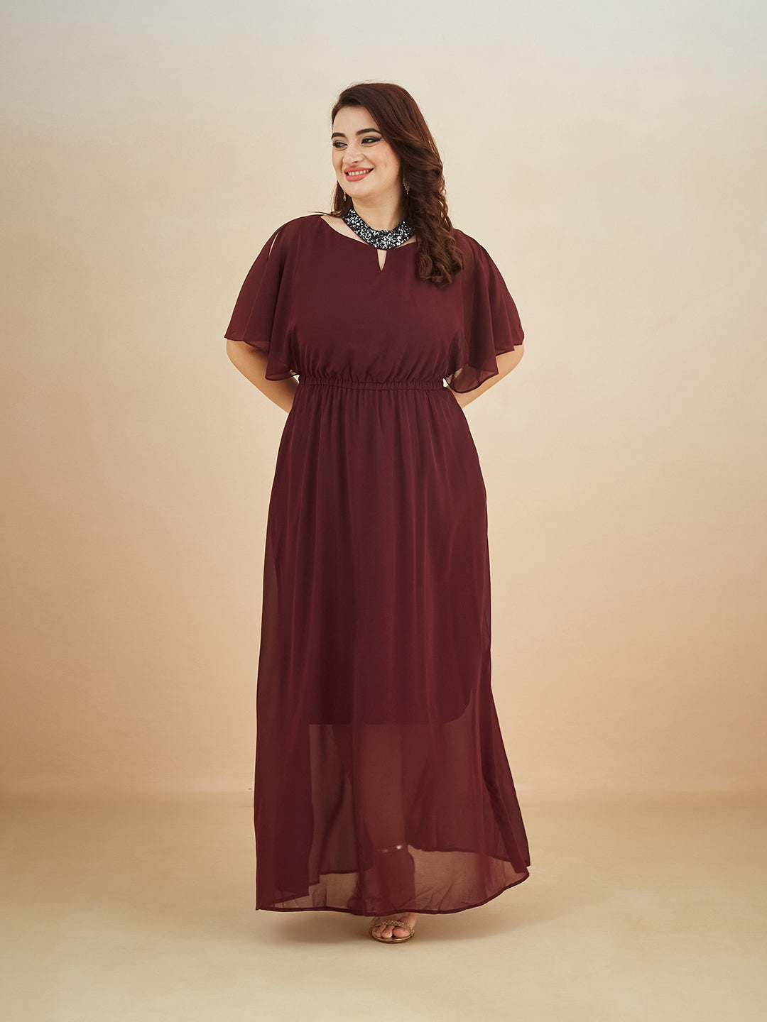 Wine Red Round Neck Flared Solid Embellished Choker/Gathered Maxi Dress for Women — Miss Chase A+