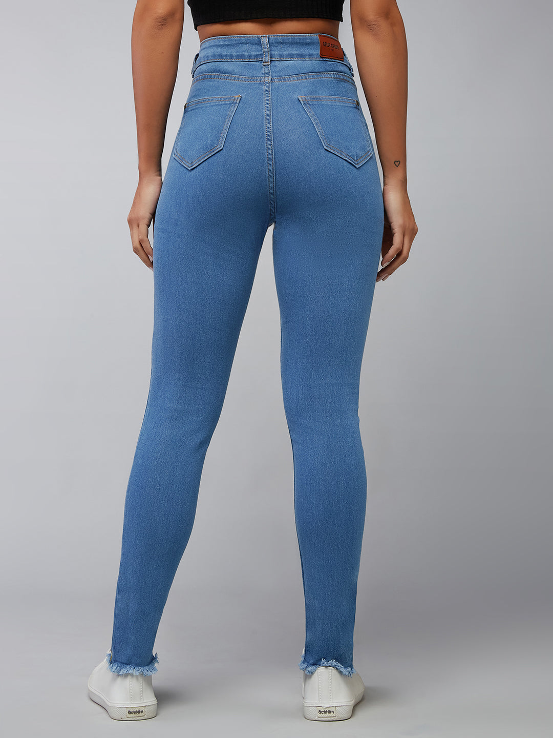 24/7 Comfort Mid-Blue Skinny-Fit High-Rise Fringe And Side Zipper Detailing Cropped Denim Jeans for Women