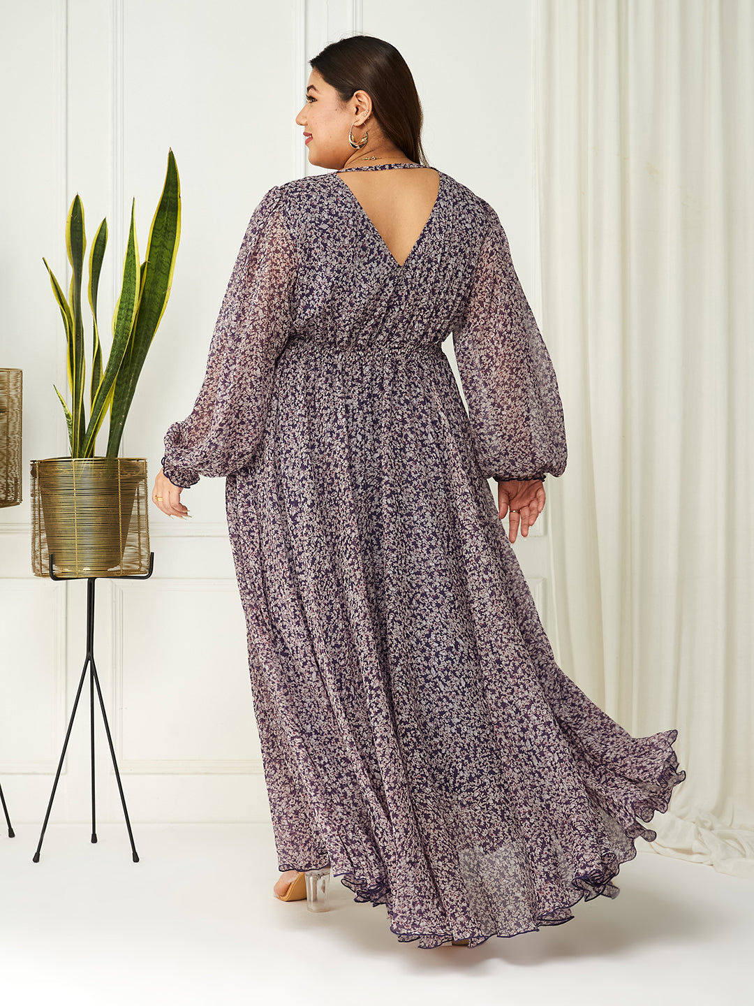 Body Bliss Multicolored-Base-Purple Floral Gathered Chiffon Maxi Dress