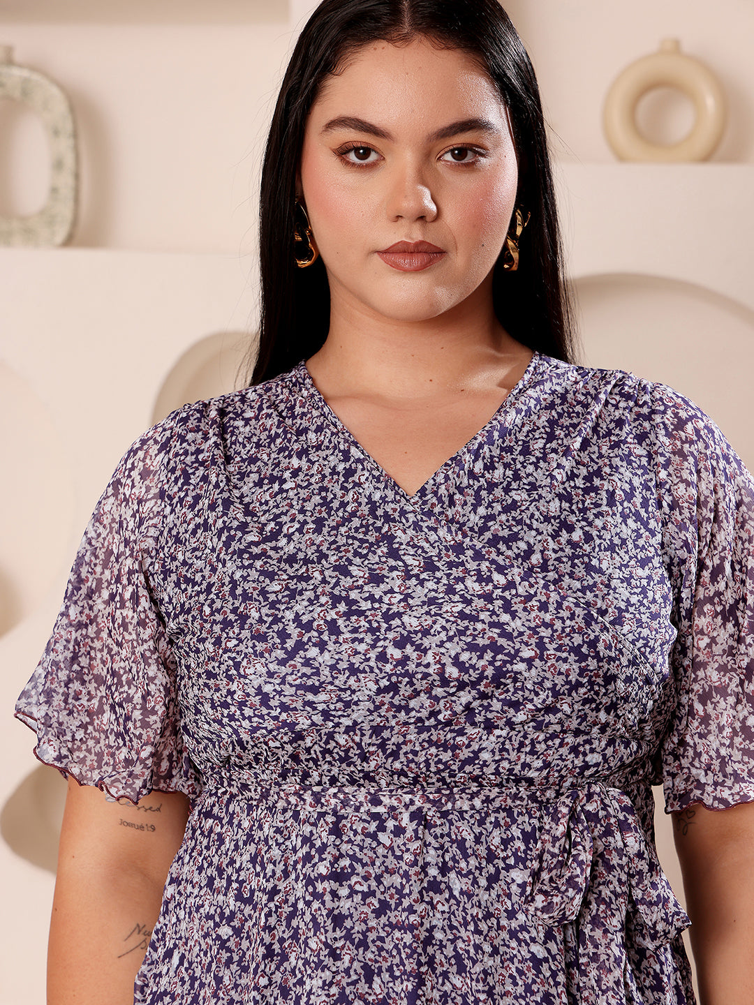 Body Bliss Multicolored-Base-Purple V-Neck Flared Sleeve Floral Wrap Chiffon Maxi Dress