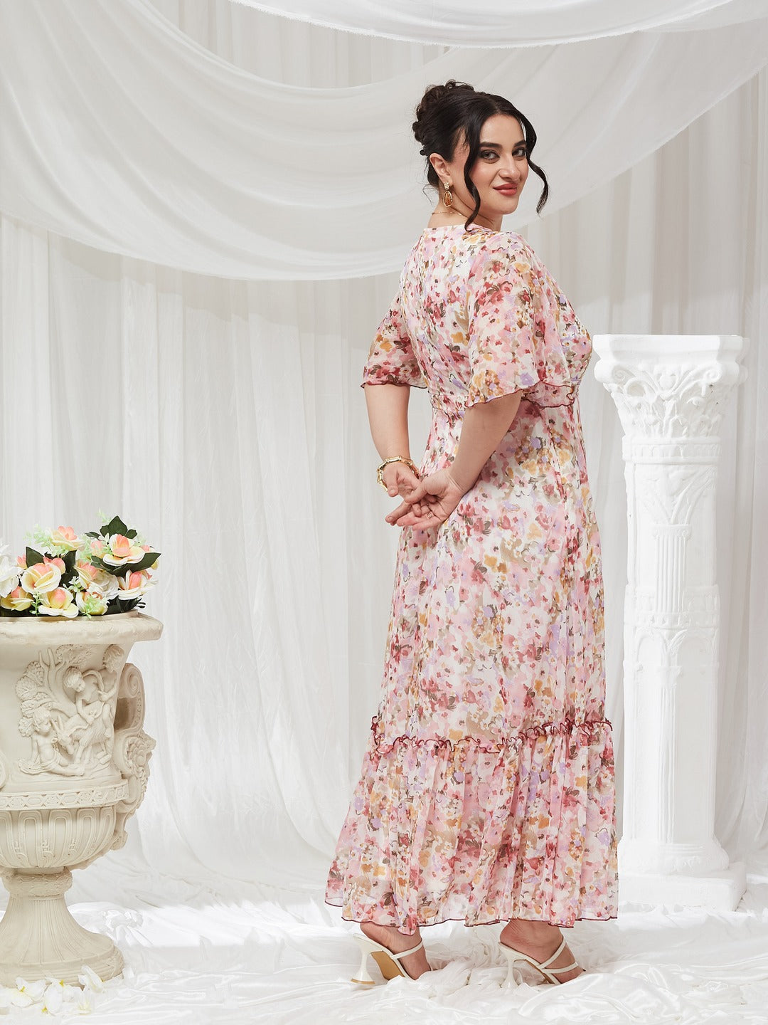 Pink V-Neck Flared Sleeve Floral Wrap Chiffon Maxi Dress for Women — Miss Chase A+